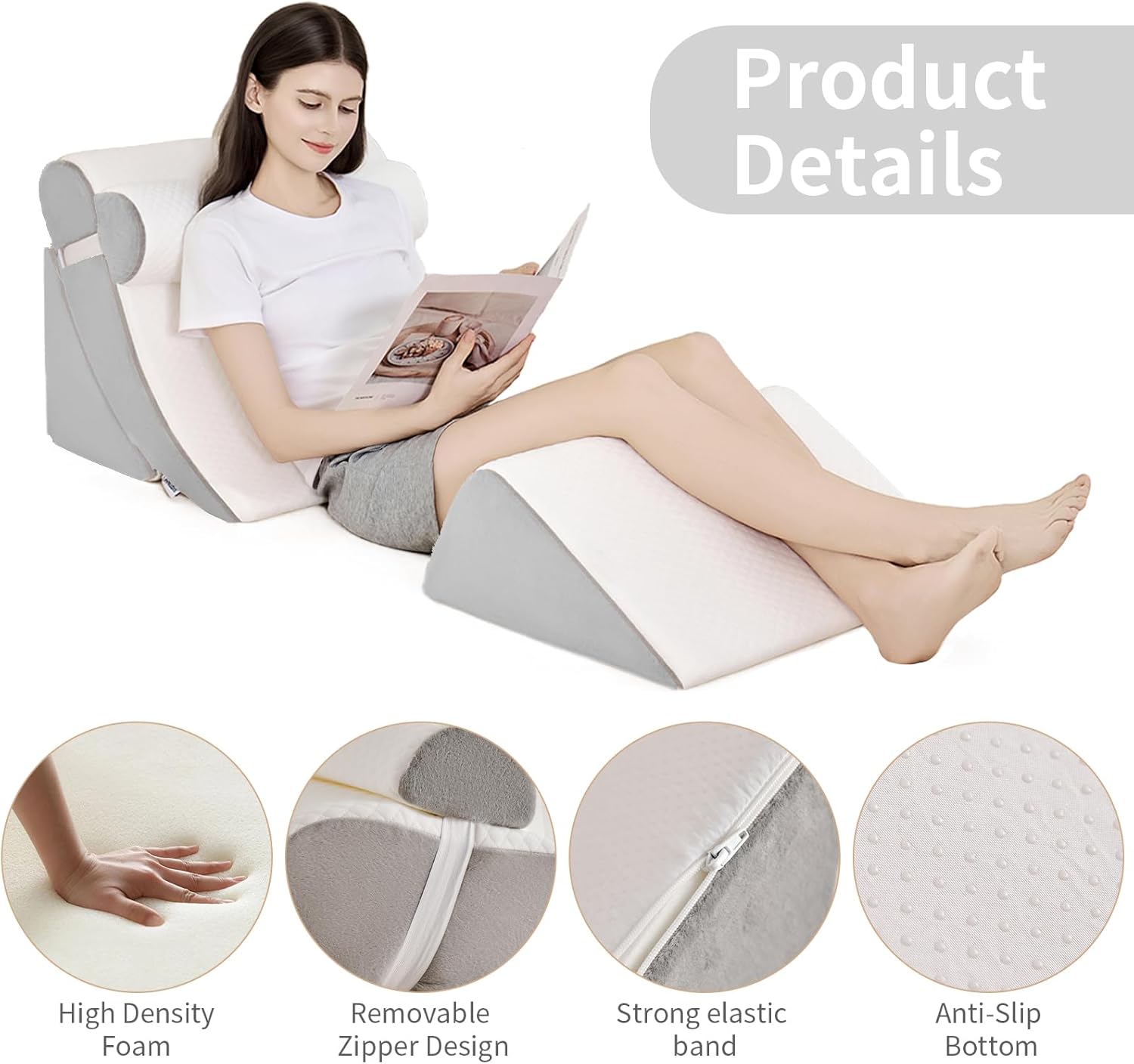 4PCS Orthopedic Bed Wedge Pillow Set for Post Surgery & Pain Relief,Adjustable Wedge Pillow for Back,Sitting up in Bed,Recovery,Acid Reflux,Snoring,Body Pillow for Sleeping (White/Light Grey)