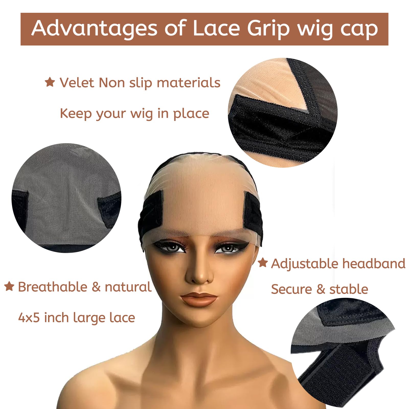 Lace Wig Cap with Grip Band for Keeping Wigs In Place 13x4 Wider Transparent Lace for Glueless Wig Adjustable Grip Cap with Velcro Headband (Black) - Image 3