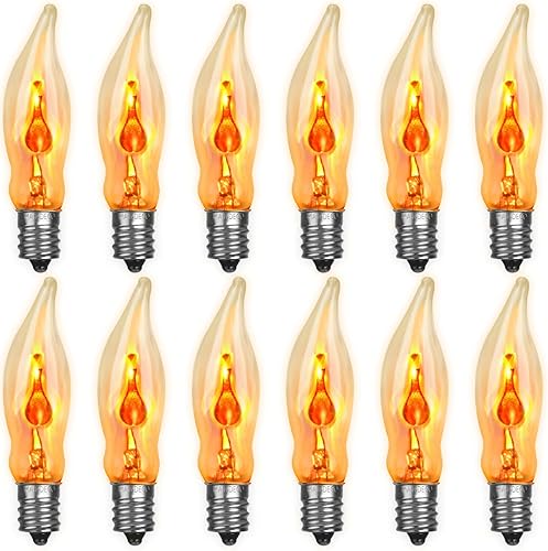 Miniatura 10 de Bombillas de llama de Navidad, paquete de 12 bombillas de vela de Navidad, bombillas rojas y amarillas C18 de 1 vatios120 voltios para interiores y