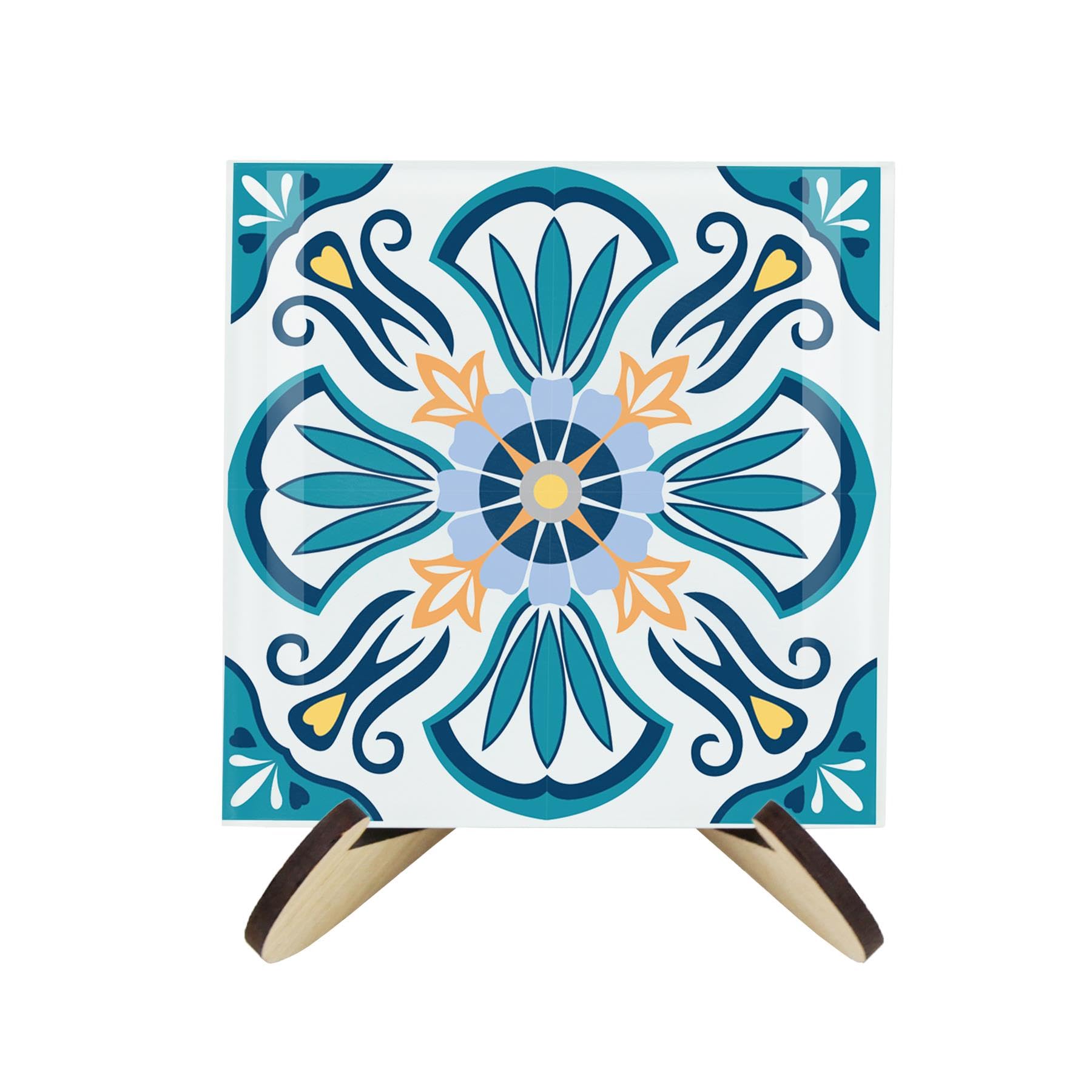 Greek Tile Coaster Set - Square Glass Mediterranean Design - Set of Four (4) Coasters & Wood-Effect Stand
