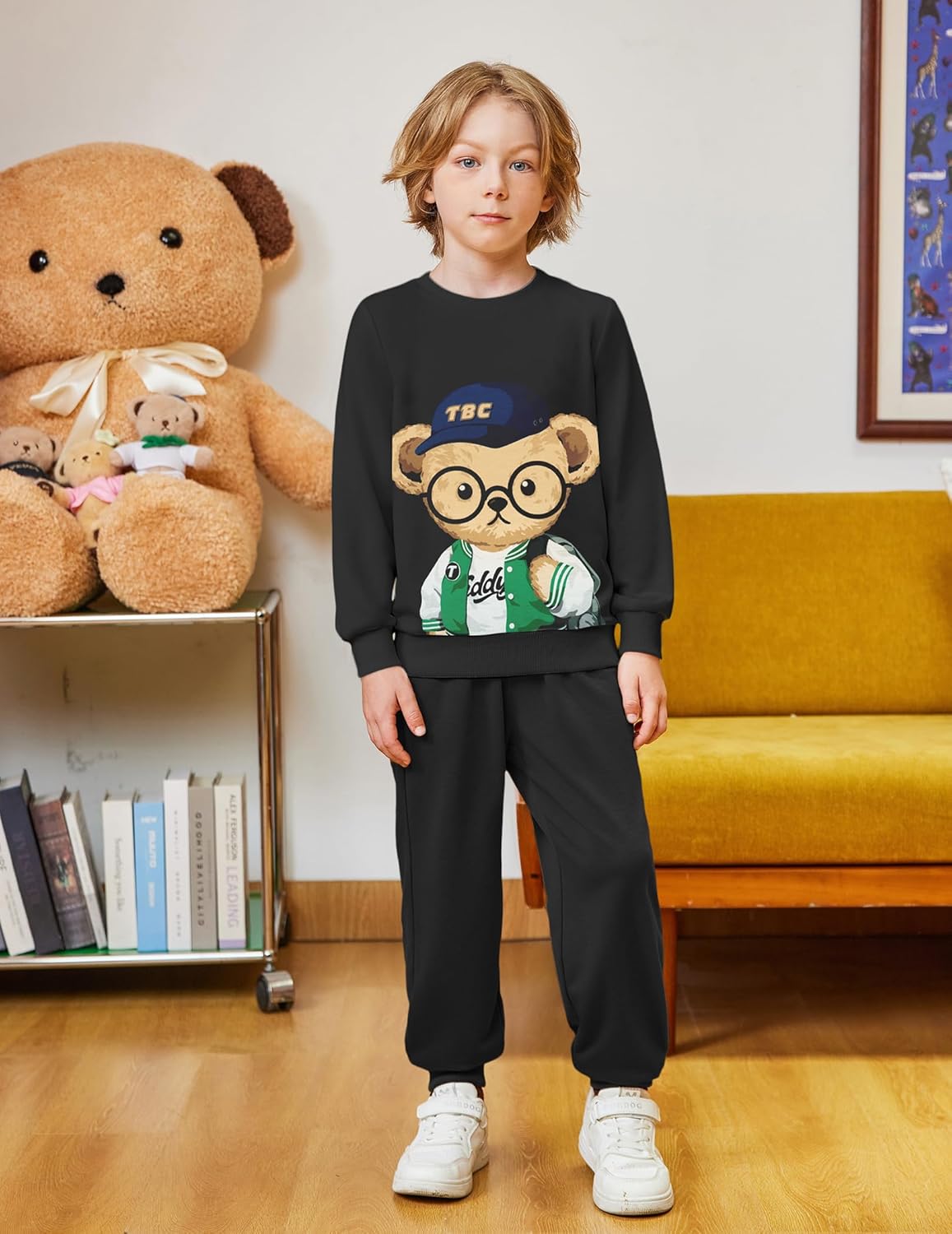 Arshiner Boys 2-Piece Teddy Bear Print Sweatshirt and Sweatpants Set - Cool Black Fall Winter Outfit 5-6 Years - Image 5