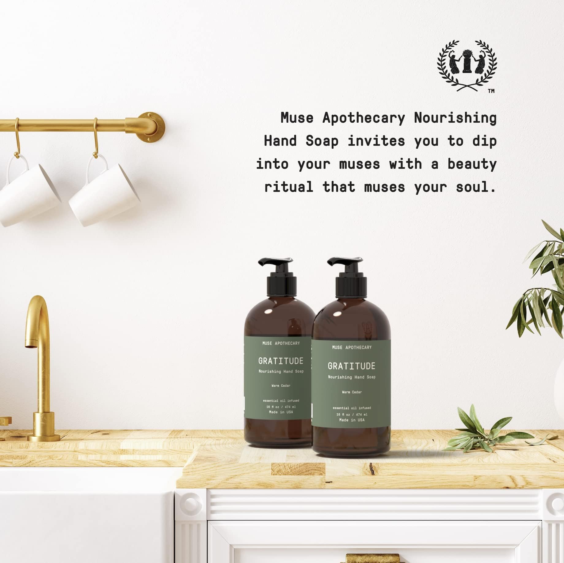 Muse Apothecary Handseife, aromatisch und pflegend, Botanische Kollektion, mit natürlichen ätherischen Ölen für Aromatherapie, 473 ml, warme Zeder, 2 Stück