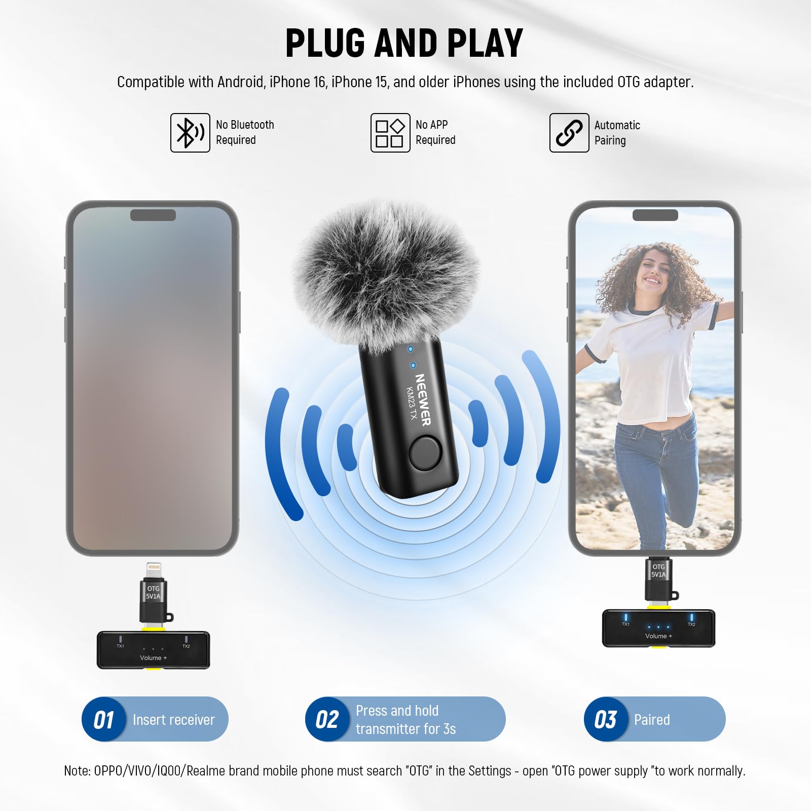 Neewer Kit Microfono Lavalier Wireless per USB C, Microfoni a Condensatore Omnidirezionali Compatibili con iPhone 15 Samsung Android Phone, Mini Lav Mic Anti Rumore per Vlogging Streaming Live, KM23