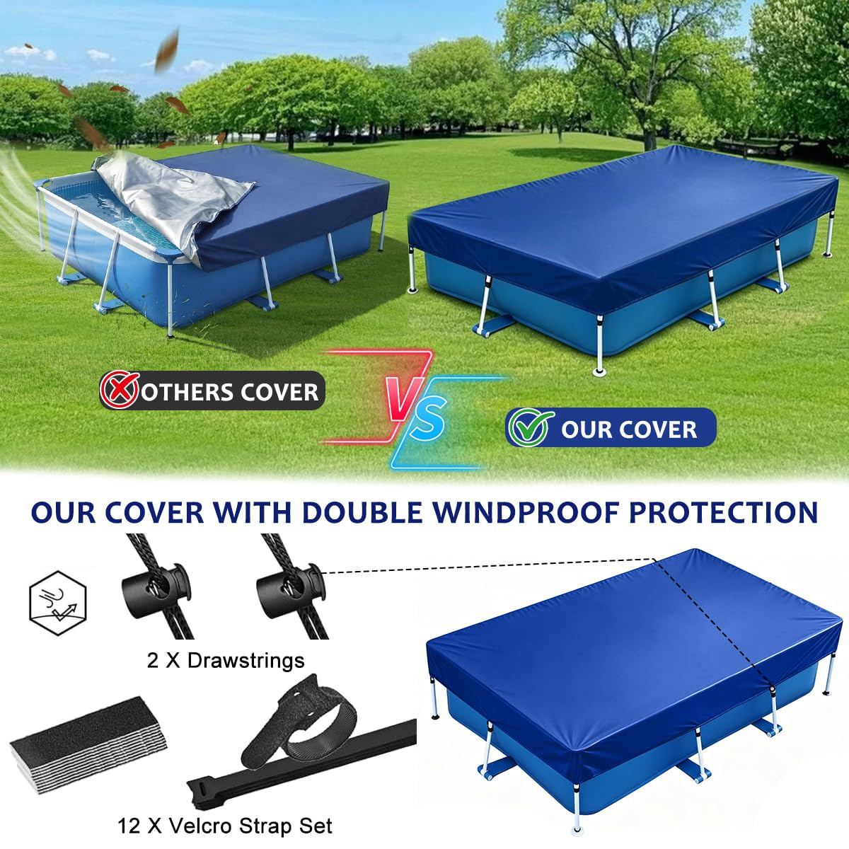 Bache Piscine Rectangulaire, 300x205 cm Couverture de Piscine avec Cordon de Serrage, Bâche Protection pour Piscines, Protection UV, Imperméable, Durable, Protections Idéale pour Cadre Piscines