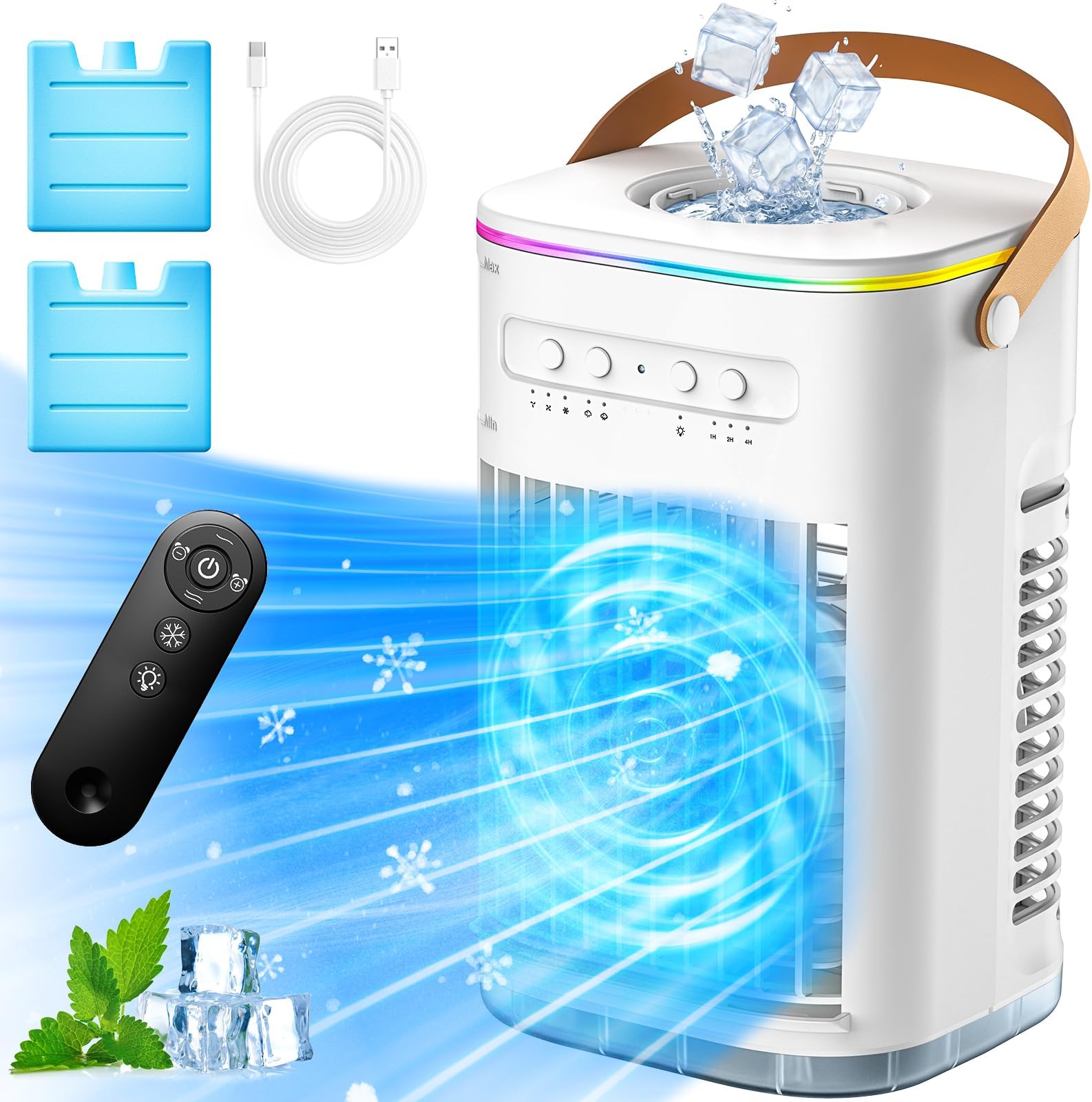 BALKO 4-IN-1 Personal Air Conditioner w/Remote, 2 Ice Packs, 1200ML Tank, 7H Timer for Smart Auto-Off,2 Cool Mist,3-Speed Small Portable Air Conditioner, 7-LED Light Evaporative Air Cooler for Room