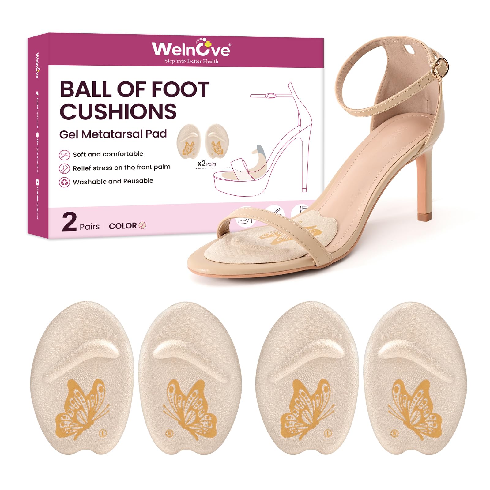 Ball of Foot Cushion Metatarsal Pads - Welnove Non Slip Gel Heel Pads - Heel Cushions to Prevent Toe Sliding, All Day Comfort Shoe Insert Pads for High Heels, Sandals, Wedding, Party (2 Pairs Beige)