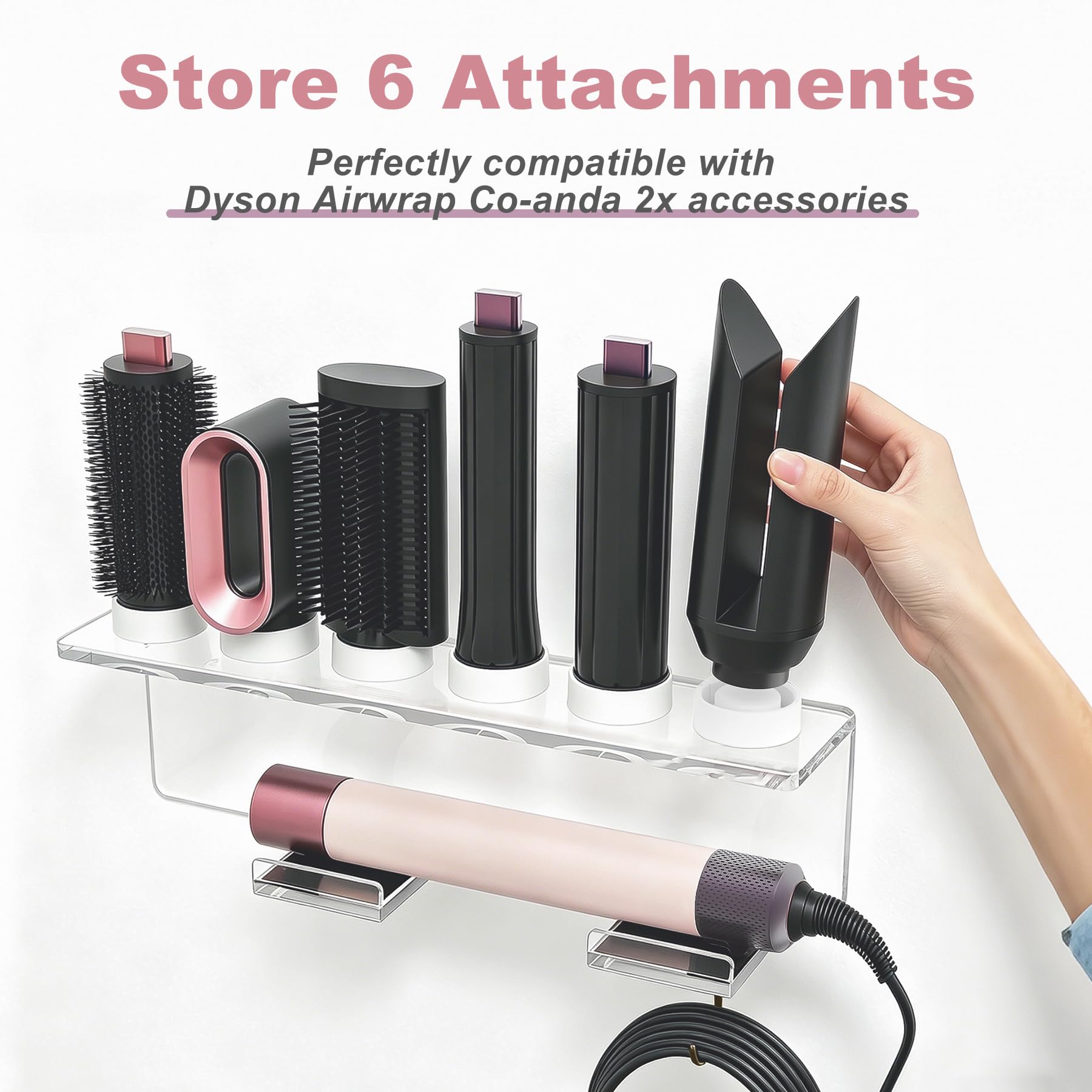 Affogato Soporte de pared compatible con todos los accesorios Dyson Airwrap Styler, organizador de almacenamiento acrílico mejorado de 6 agujeros para baño