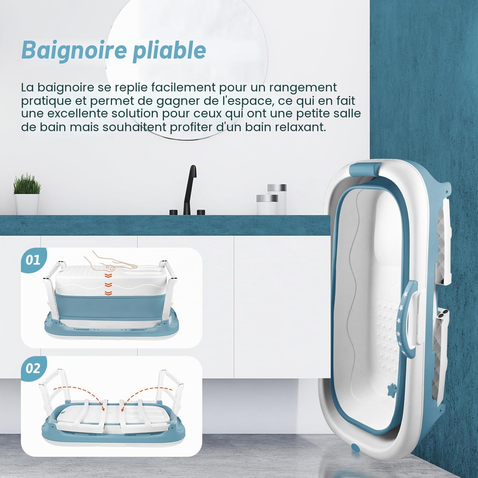 Baignoire Pliable pour Adulte - 148 x 62 x 53 cm - Mobile avec Couvercle - Panier à Savon Portable - Roulettes de Massage - Idéal pour Petites Salles de Bains
