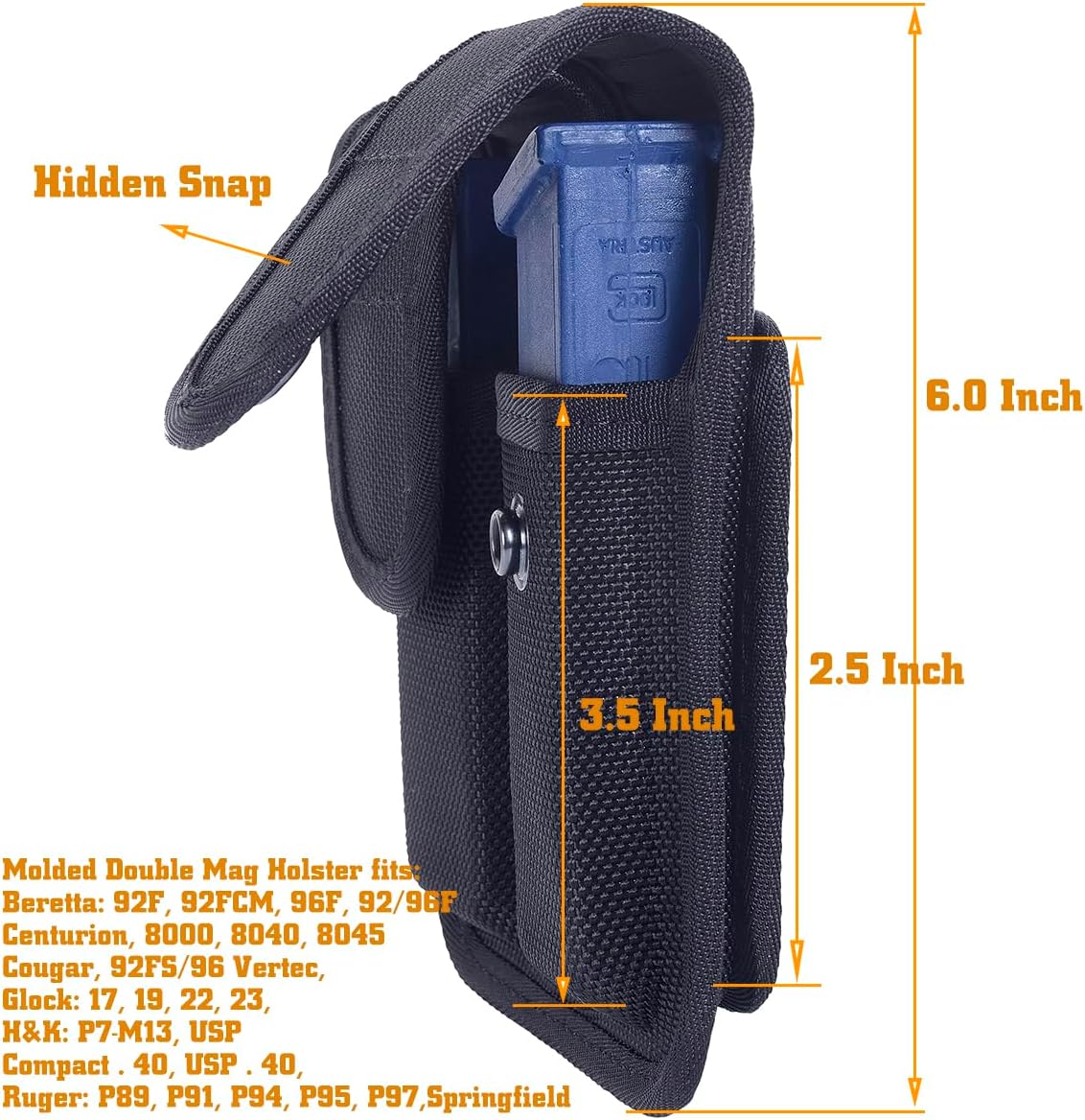 Molded Double Mag Pouch，Tactical Universal Magazine Holder Fits virtually Any 9mm, 40 or .45 Caliber Pistol Mag Single or Double Stack IWB or OWB Mag Pouch
