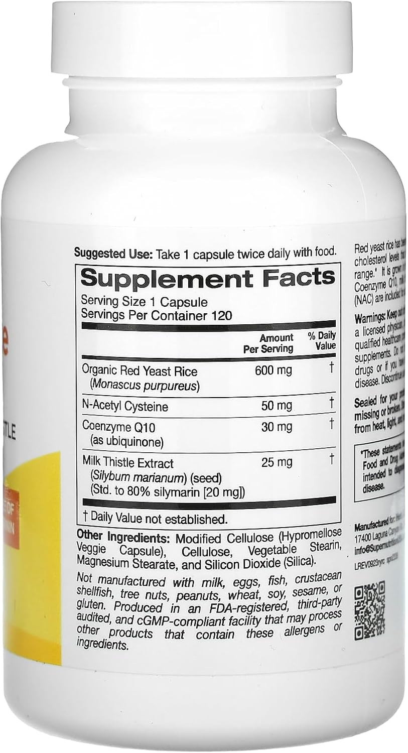 Super Nutrition Red Yeast Rice Complex with Organic Red Yeast Rice, N-Acetyl Cysteine, Coenzyme Q10, and Milk Thistle Extract, 120 Veggie Capsules