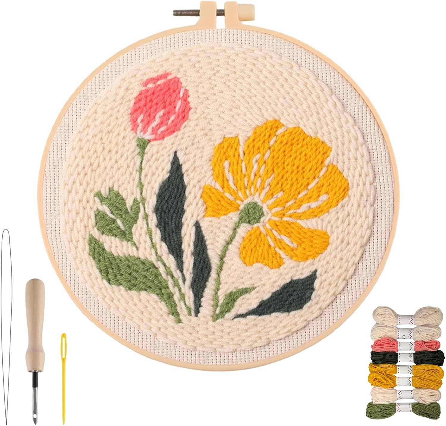 Spiryou Punch Needle Kit for Beginners Adults, DIY Spring Flower Embroidery Craft Set with Patterns, Hoop, Yarns,Tools,Instruction,Relaxing Craft for Women & Moms