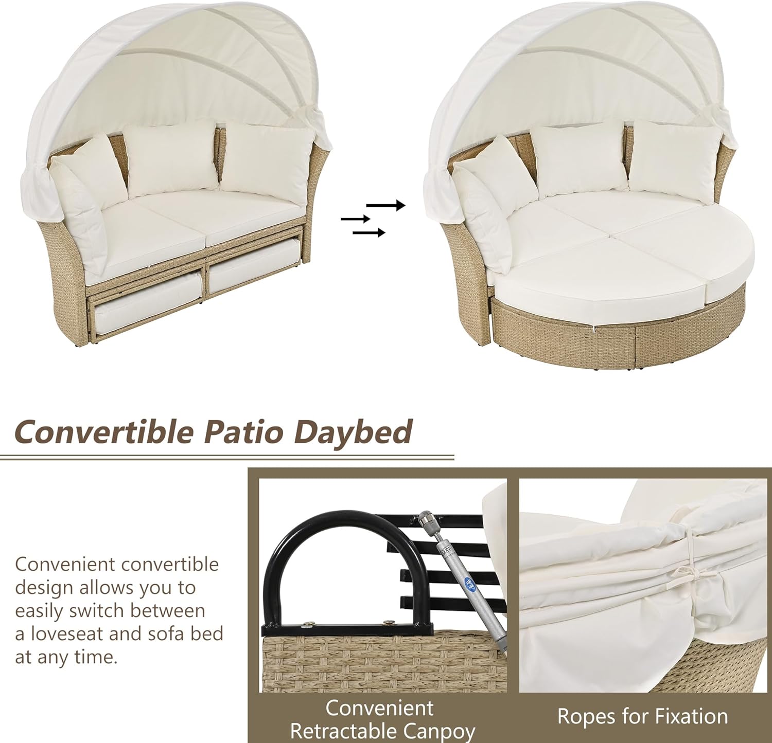 Outdoor Patio Daybed, Convertible Round Wicker Rattan Loveseat, 2-Person Sofa Bed with Retractable Canopy & Cushions for Lawn Garden Backyard Poolside, Weather-Resistant, Beige