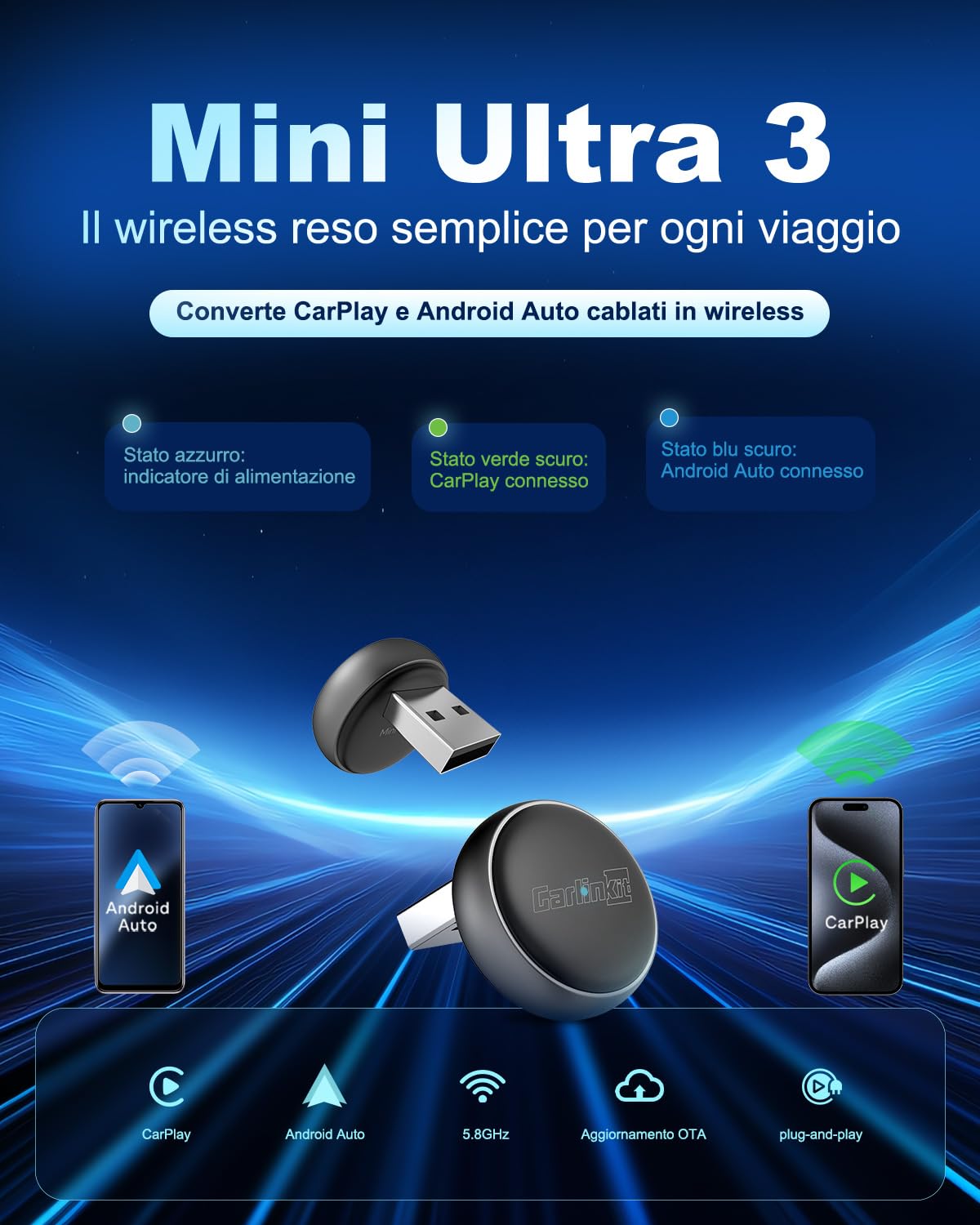 Carlinkit Adattatore wireless per auto CarPlay e Android, mini ultra 3 converte OEM cablato a wireless per iPhone e Android 11+, USB-A/Type-C Plug & Play, connessione veloce, aggiornamento online