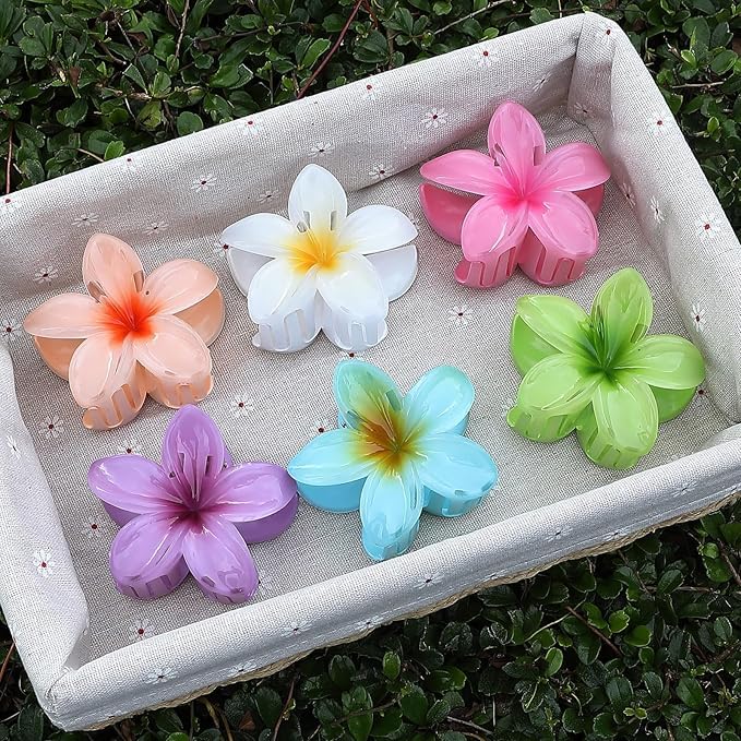Image of 6pcs Claw Clips Elegant Hawaiian Flower Hair Claw Clips - Large, Non-Slip, Strong Hold For Thick & Thin Hair - Vintage Style Flower Clips For Women