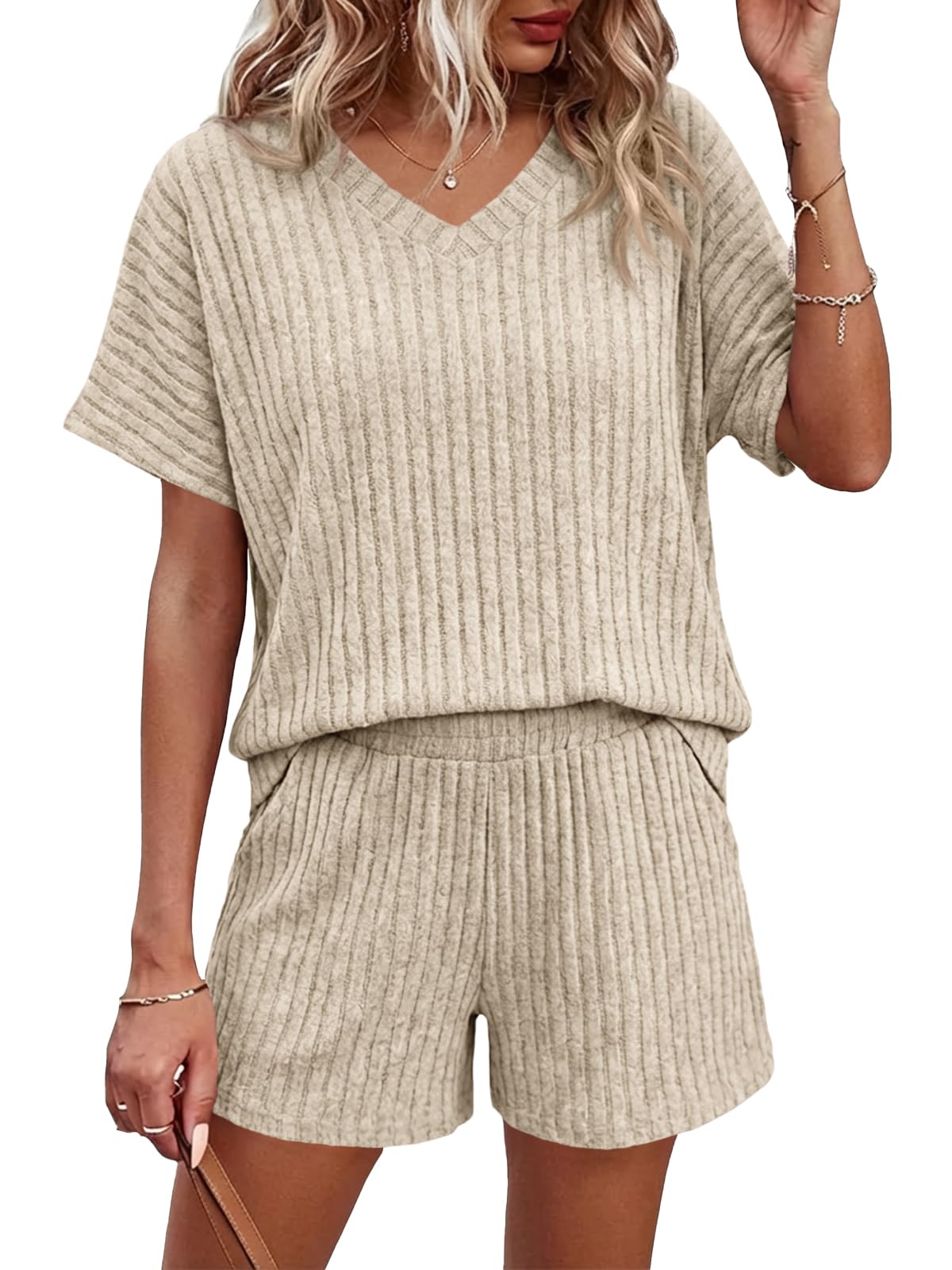 Tankaneo Womens 2 Piece Short Sets Lounge Outfits Summer Ribbed V Neck Short Sleeve Tops Casual Pajama Sets