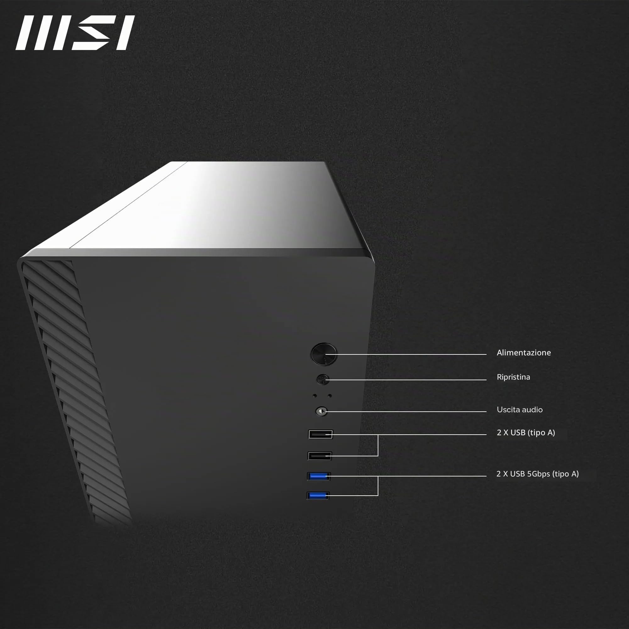 MSI PRO SHIELD M100 è un case per PC compatto, orientato al business, con design elegante nero opaco, supporto per schede madri Micro-ATX e porte I/O frontali—ideale per uffici, scuole e enti pubblici
