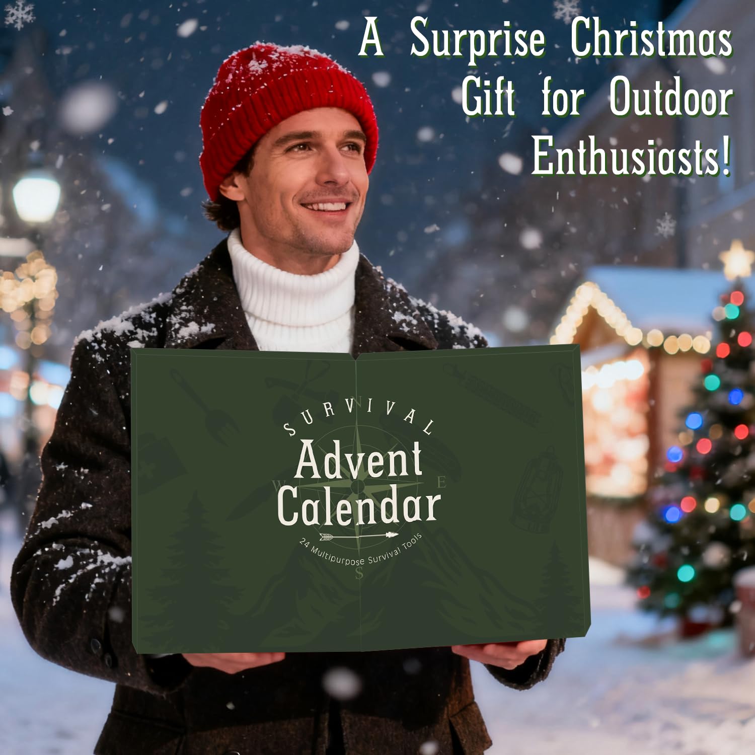 Calendario Avvento 2025 Uomo, 24pcs Kit Sopravvivenza Campeggio, Bushcraft Survival Accessori con Coperta Termica e Fischio, Regali di Natale Calendario dell Avvento per Adulti e Adolescenti