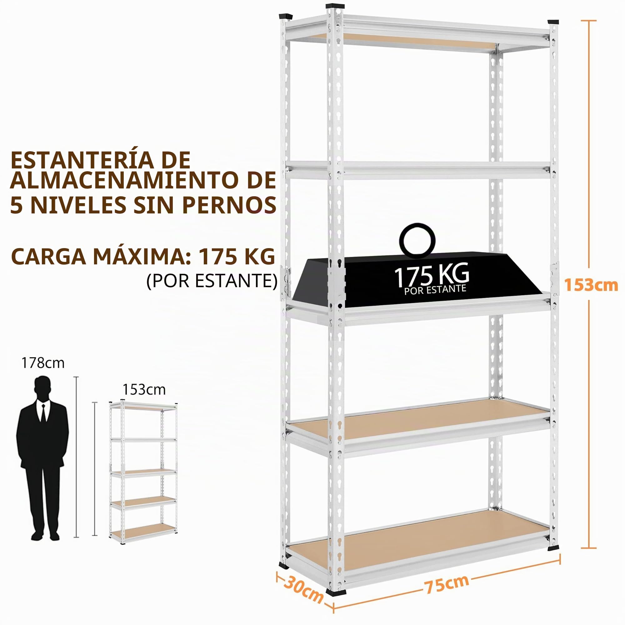 Yaheetech Estanteria Almacenaje de 5 Niveles Estantería Metalica Galvanizada para Hogar, Trastero, Garaje,5 Baldas Ajustables 75 x 30 x 153 cm