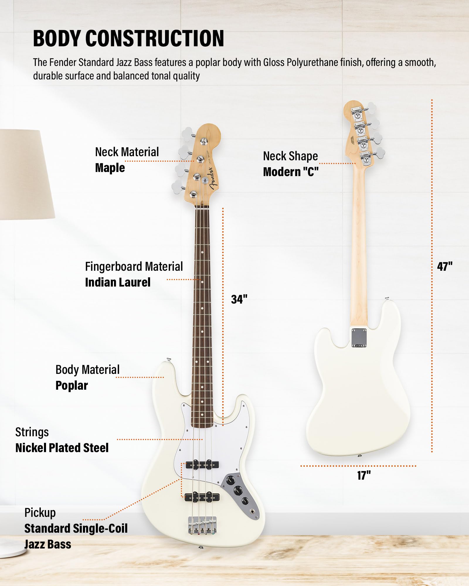 Amazon.com: Fender Standard Jazz Bass - Olympic White Bundle with
