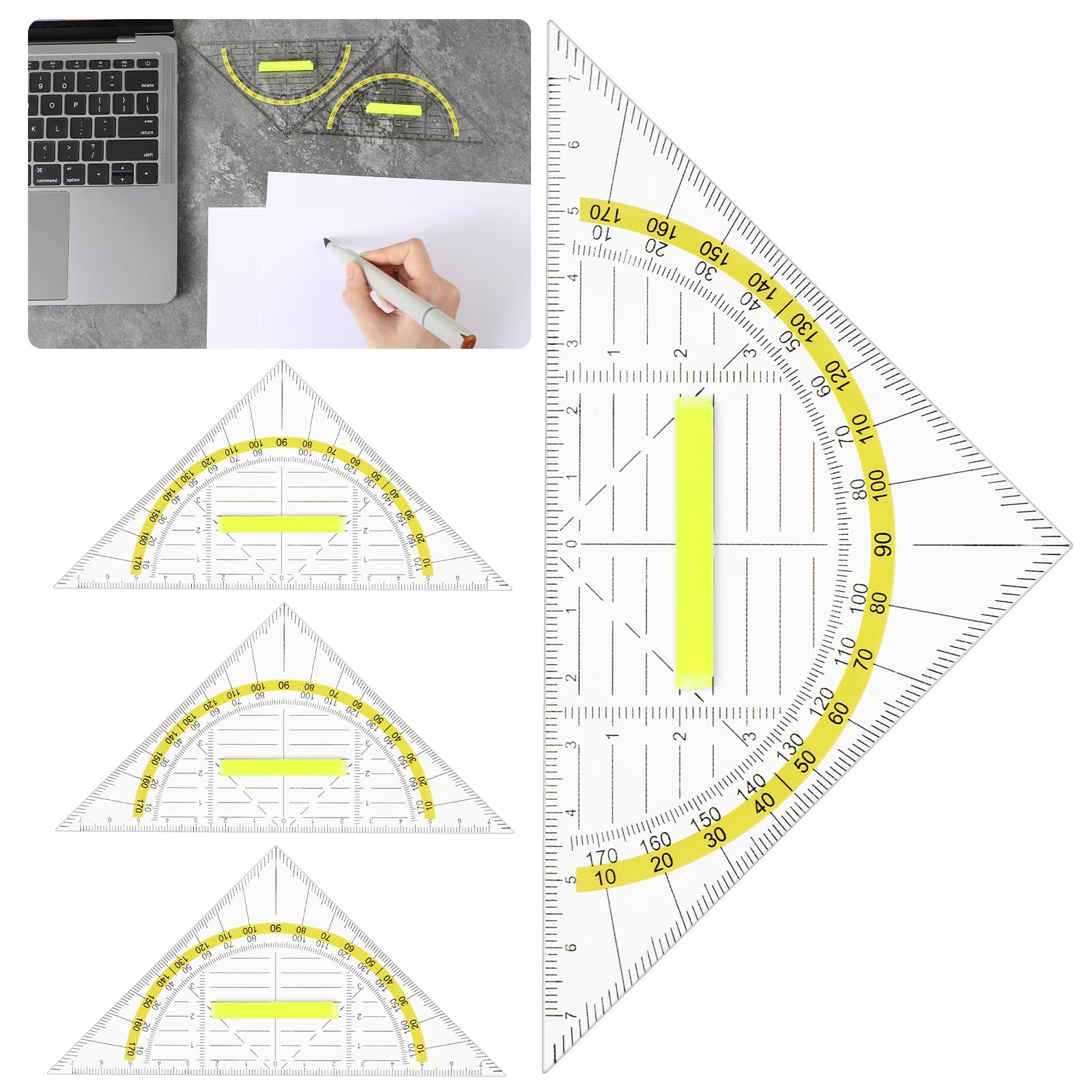 TERRIFI 4 Pcs Multifunctional Triangle Ruler Set with Handle, Transparent Plastic Protractor and Set Square Geometry Ruler for Architects, Designers, Engineers, and Drawing Tools