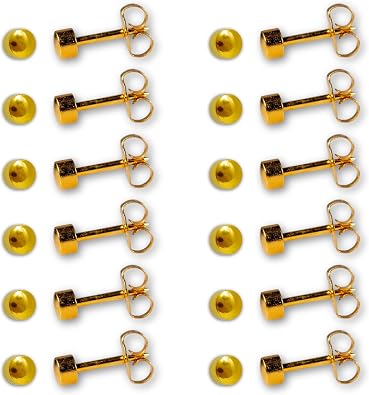 Caflon 24K Gold Plated Circle Stud Earrings 4mm | Nickel Safe Hypoallergenic Ear Jewelry | Flat Round Shape with Secure Butterfly Back | Polished Gold Tone Piercing Studs | Pack of 12