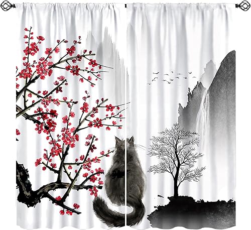 Cortina japonesa, pintura de tinta tradicional retro con diseño de gato rojo cerezo en flores, cortinas con aislamiento térmico y bolsillo para