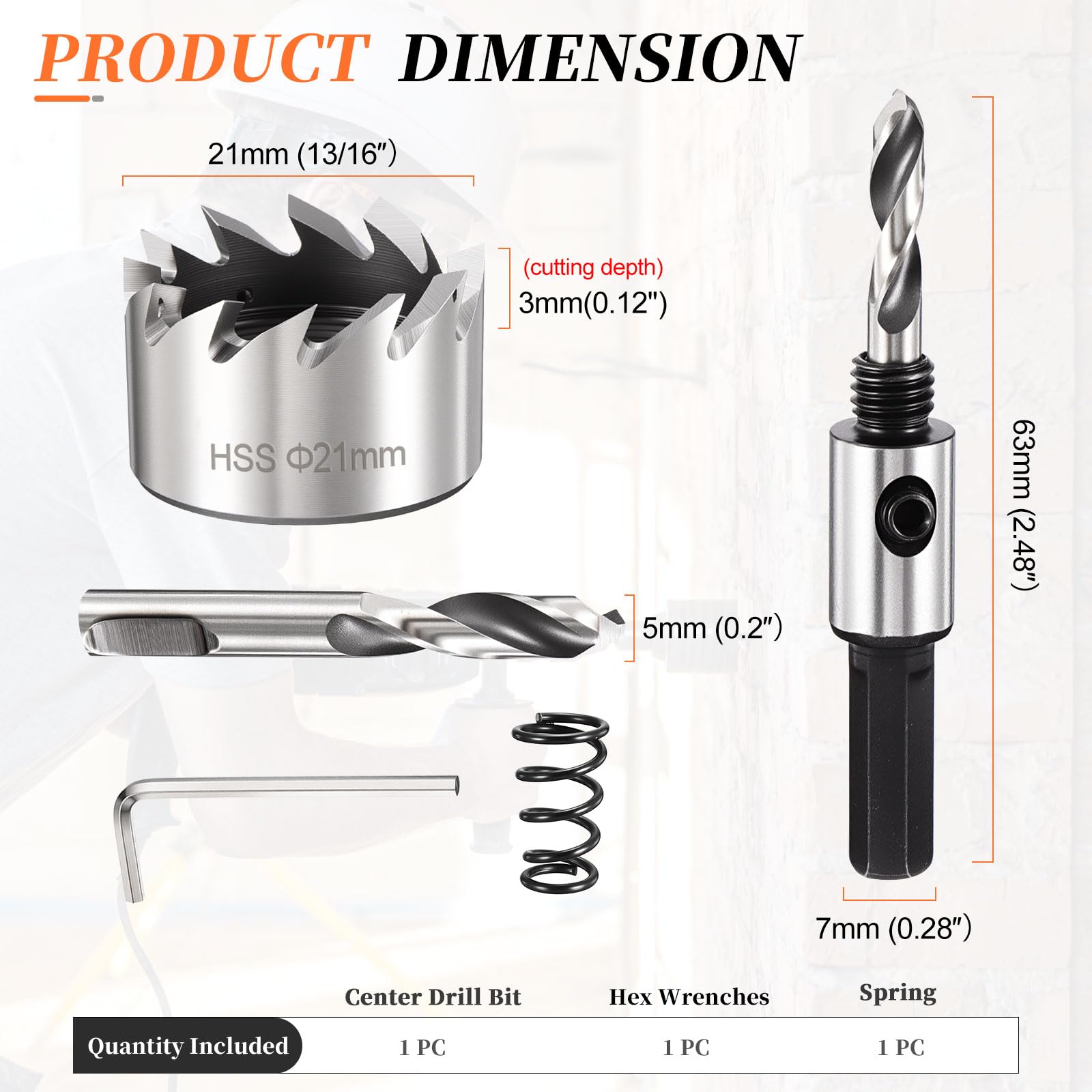METALLIXITY Hole Saw 21mm (13/16"), M2 High Speed Steel Hole Cutter with Center Drill Bit, Hex Key and Spring - Image 2