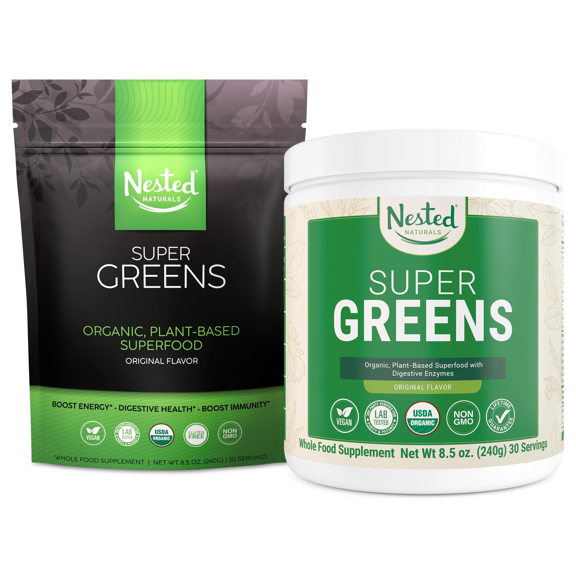 Nested NaturalsSuper Greens Daily Greens Superfood Powder - Certified USDA Organic Green Powder w/20+ Whole Foods, Probiotics, Fiber & Enzymes - Original Flavour, 30 Servings Tub & 30 Serving Refill