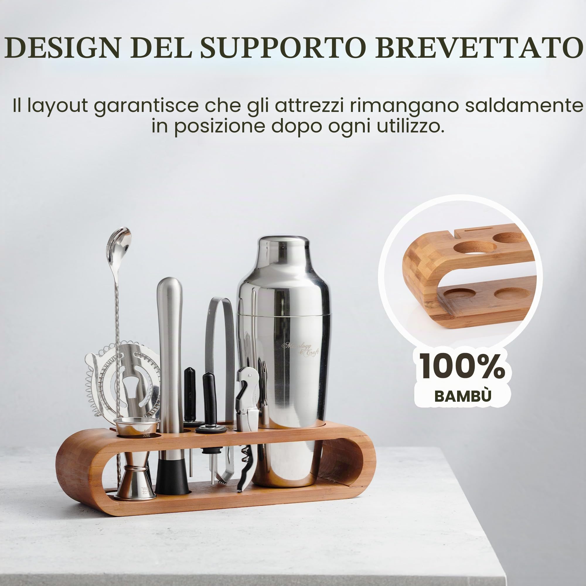 Mixology - Set shaker per cocktail, 10 pezzi, kit per la preparazione di cocktail, kit da barista in bambù con cucchiaio, shaker Boston, altri strumenti per mescolare bevande, Martini, Mocktail - Set