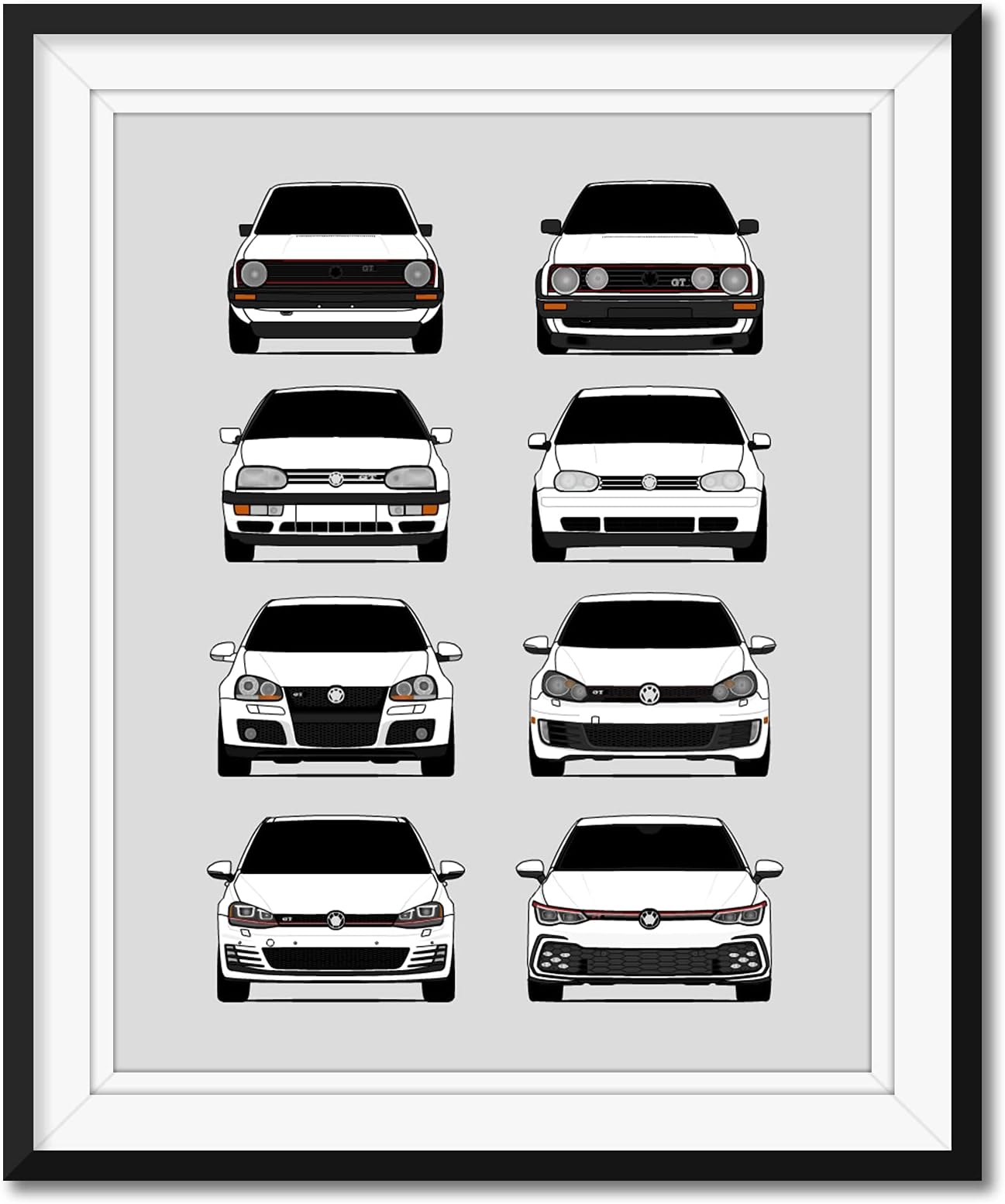 Volkswagen Golf GTI Generations Inspired Car Poster - Handmade Print of VW GTI (Car Models: MK1 to MK8) - White, 8x10" Satin Print (Unframed) - Perfect Gift for Car Enthusiast