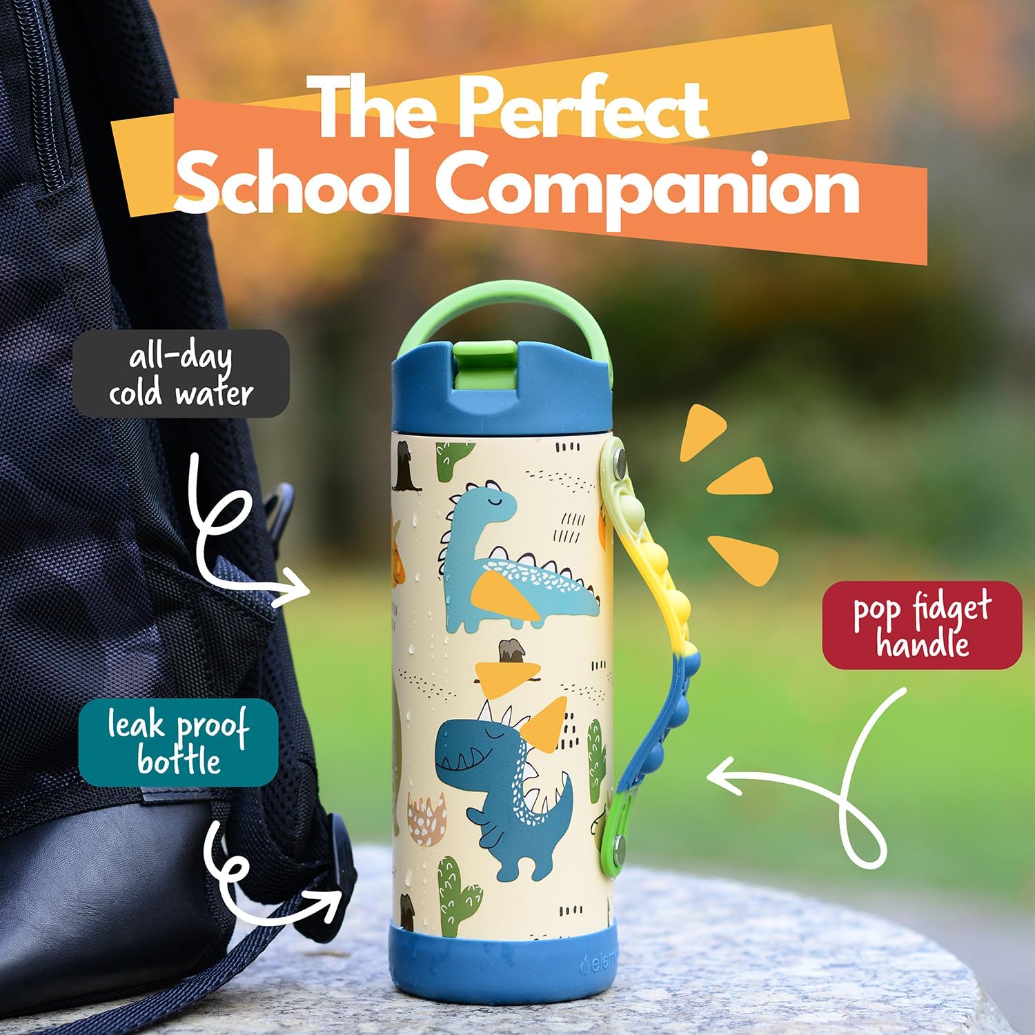 Elemental Iconic Kids Water Bottle for School - 100% Leak-Proof Insulated Water Bottles with Straw Lid & Pop-It Handle for Boys & Girls - Triple-Wall Insulated & BPA-Free, 14oz – Dinosaur - Image 2