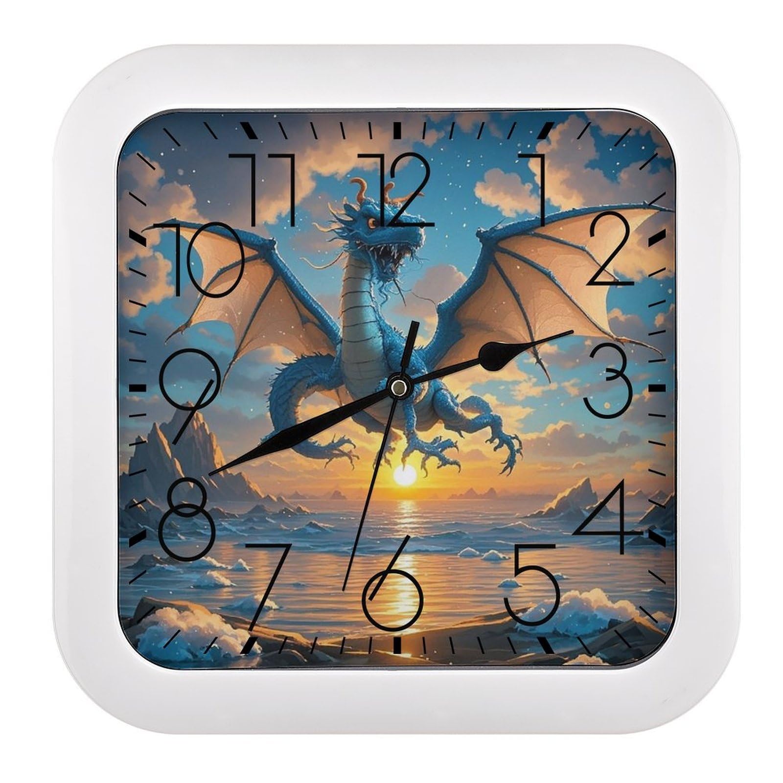 LZQPOEAS Sea Sunset Flying Dragon Wall Clock Fashionable Versatile Silent Wall Clock Simple Elegant Non Ticking Analog Clocks Easy to Install Square Modern Clocks for Home Decoration