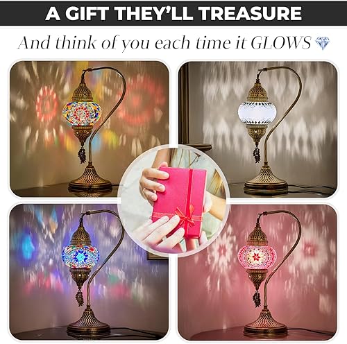 Miniatura 7 de DEMMEX Lámpara de mesa marroquí turca, cuello de cisne, estilo Tiffany, mosaico de cristal, lámpara de mesita de noche para dormitorio, sala de
