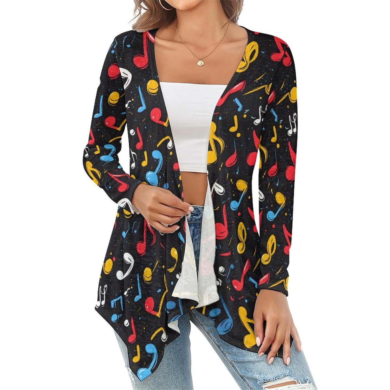 Music Notes Colorful Print Cardigan Sweaters for Women Lightweight Open Front Long Cardigans for Women Trendy