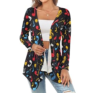 Music Notes Colorful Print Cardigan Sweaters for Women Lightweight Open Front Long Cardigans for Women Trendy