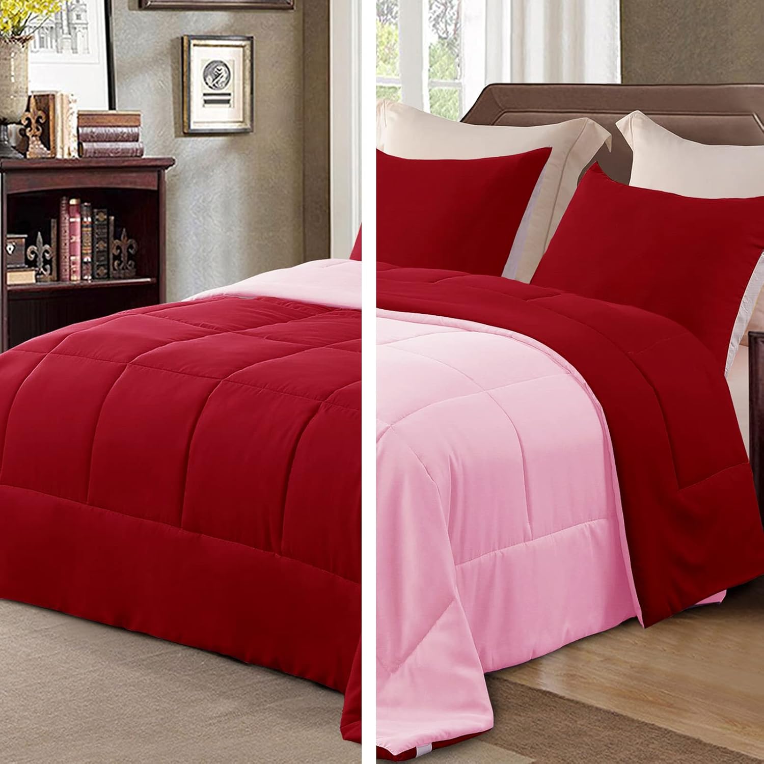 Exclusivo Mezcla Lightweight Reversible King Size Comforter Set, Down Alternative Comforter with 2 Pillow Sham, King Size Bedding Set for All Seasons, Red/Pink