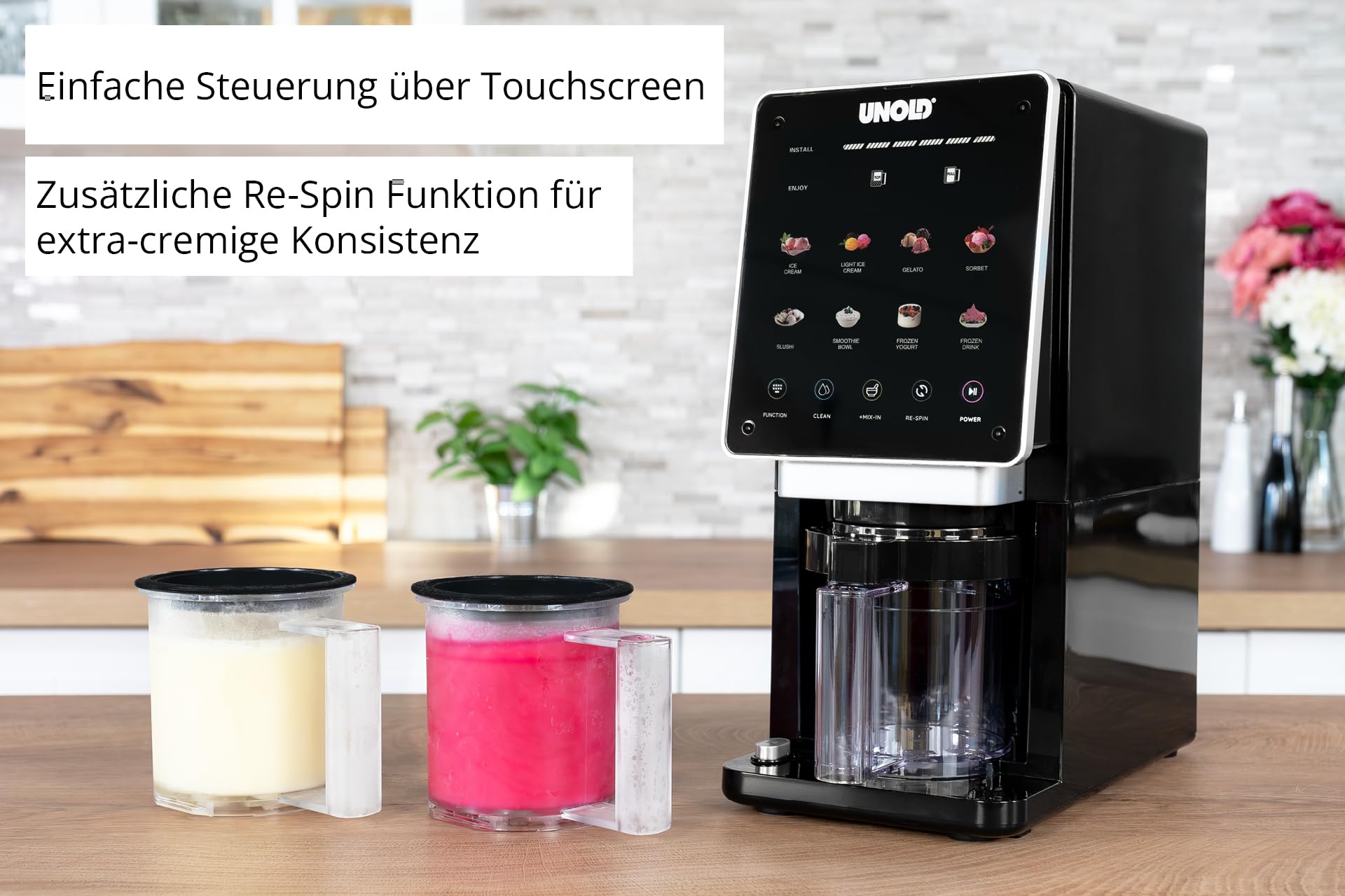 Unold Eismaschine Cream Dream 48805, 3x 500 ml Behälter, 8 Programme, Touchscreen, für Eiscreme, Gelato, Sorbet & Frozen Drinks, entnehmbares Messer