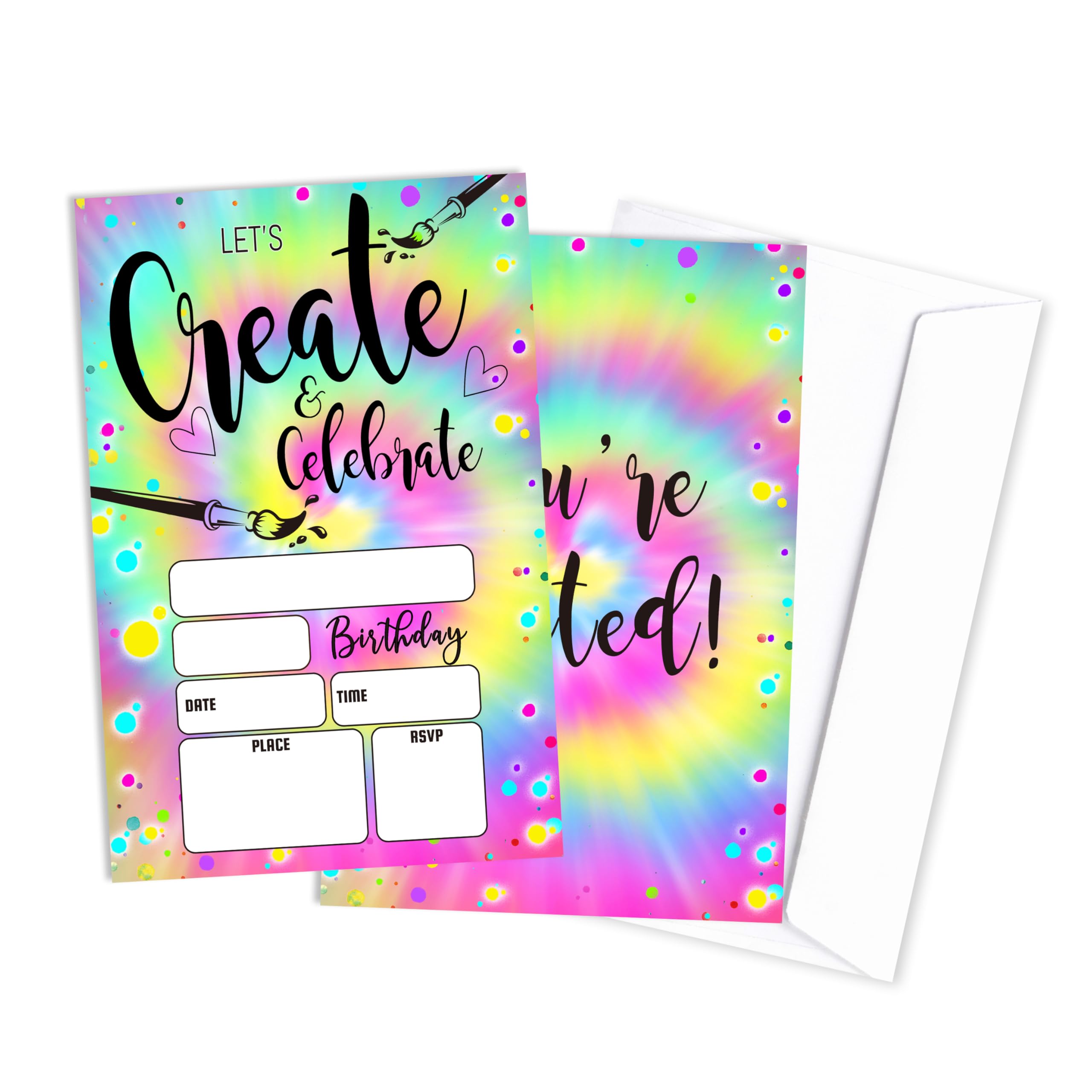 Tie Dye Birthday Invites For Boys Girls, Rainbow Tie Dye Birthday Invitations Cards, Fill-In Style Birthday Party Invitations With Envelopes (20-Pack)