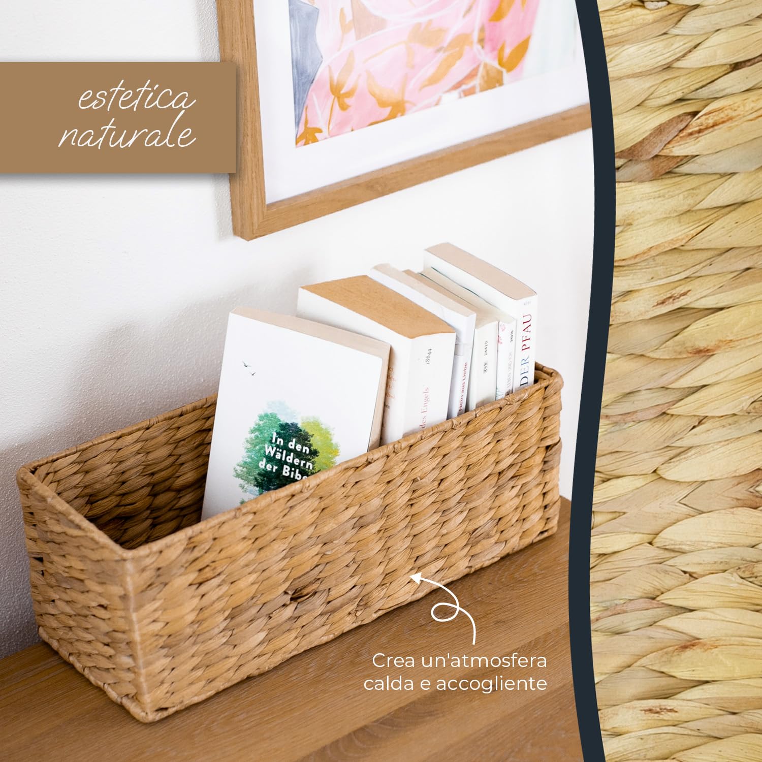 HMF Cesto portaoggetti adatto per KALLAX mezzo scomparto, cesto intrecciato in giacinto d’acqua per bagno, cucina e zona giorno | Set da 2 | 38 x 15 x 14 cm | Naturale
