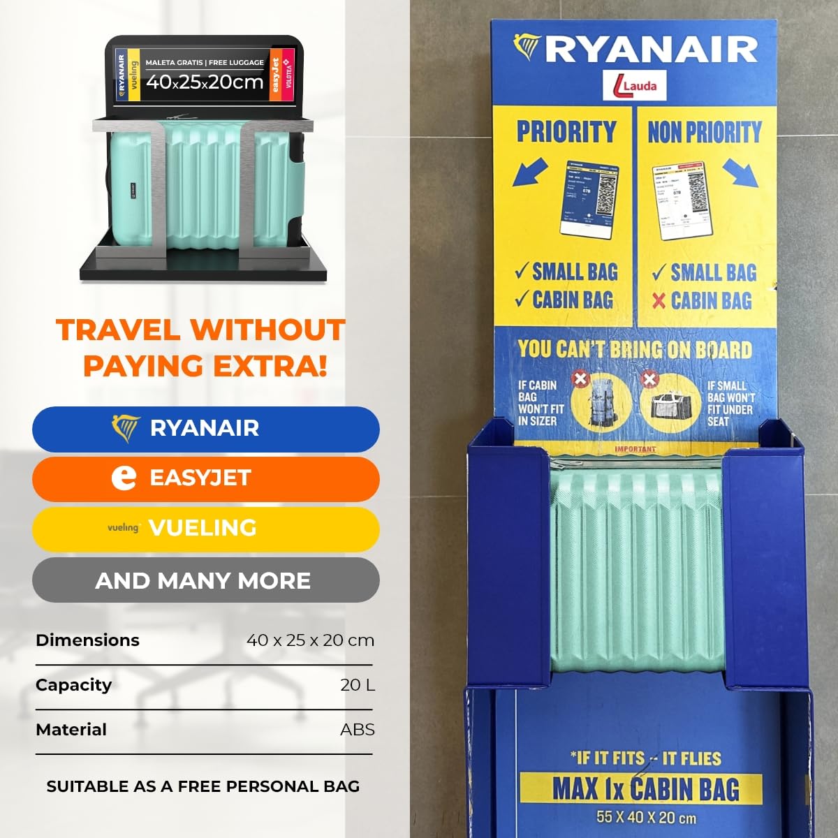NUMADA - Reisekoffer Kabine 40 x 25 x 20 cm (20 l) Upfly Underseat 16 XXS mit abnehmbaren Rädern, Kabinenkoffer aus ABS, ideal als Handgepäck für Ryanair, Vueling oder Easyjet
