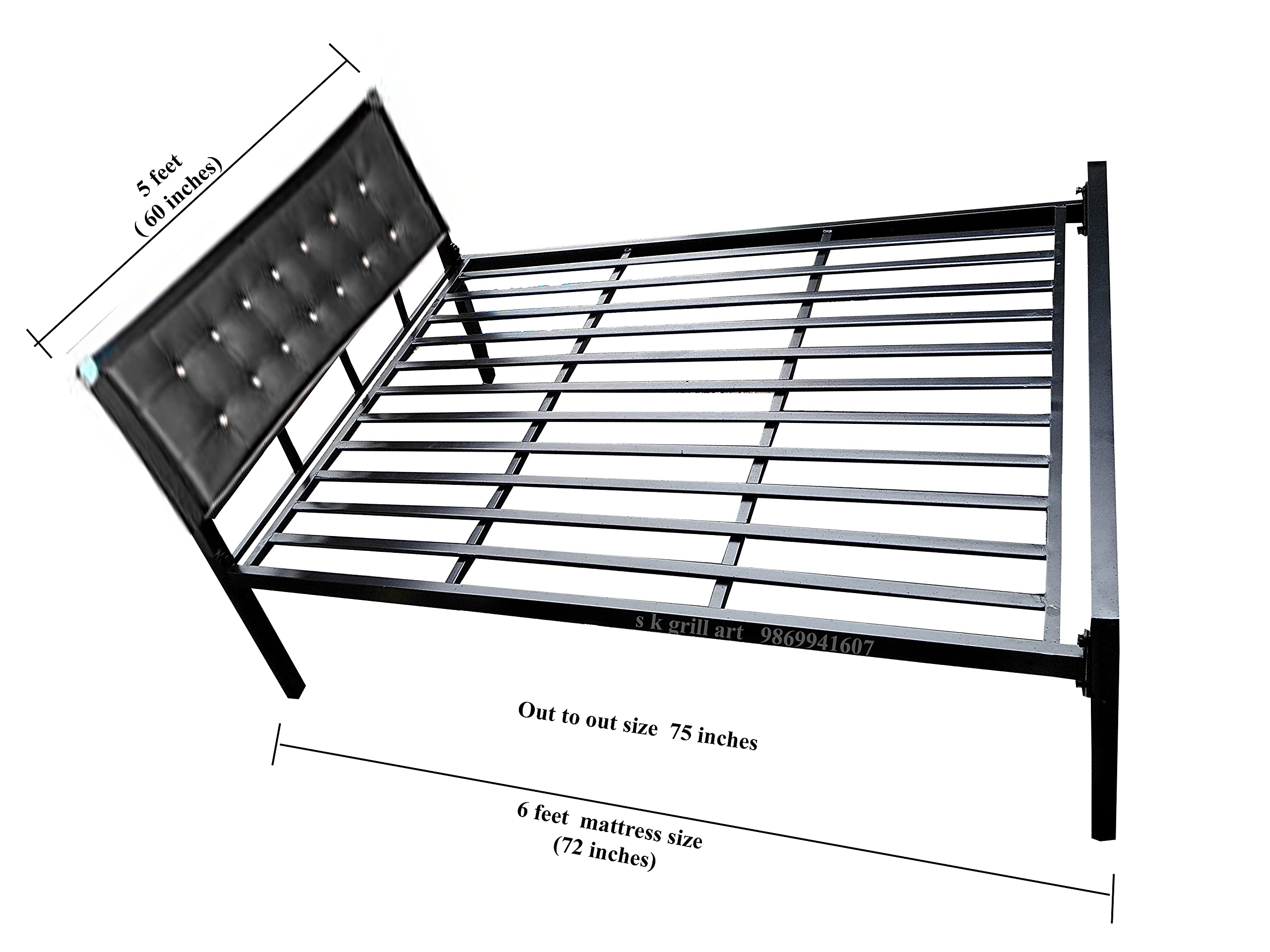 s k grill art Metal Bed Frame Without Mattress (5 x 6 feet, Black Cushion in headboard)