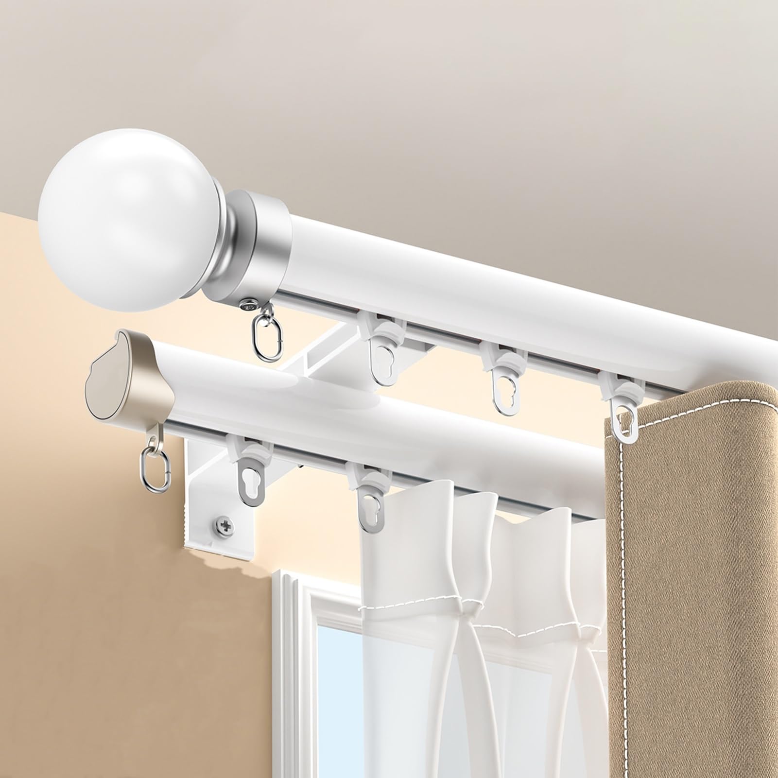 Double Tringle a Rideaux Murale avec Rail de Rideau Séparation de Pièce Silencieuse, Barre Rideau en Aluminium avec Embouts Ronds 1-6 m pour Salon Chambre à Coucher Hôpital(Blanc,1m(3.3ft))