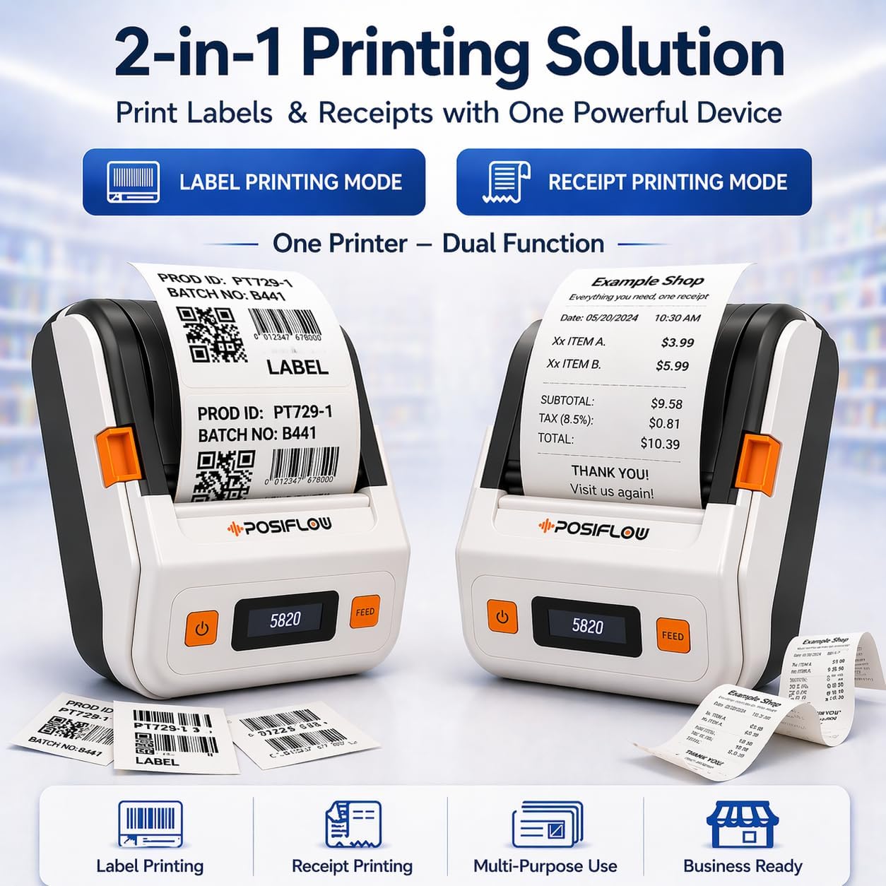 PSF20 2-Inch (58mm) Inkless Portable Bluetooth Thermal Label Printer, Receipt & Barcode Printing, USB, Mobile & PC Support, 200 Labels Included, Black/White — Amazon image 7
