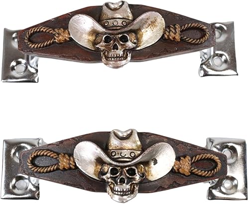 Miniatura 1 de Ebros Gift Juego de 2 calaveras de vaquero occidental de 4.75 pulgadas de ancho con cuerdas de horca, resina esculpida en base de metal, tiradores