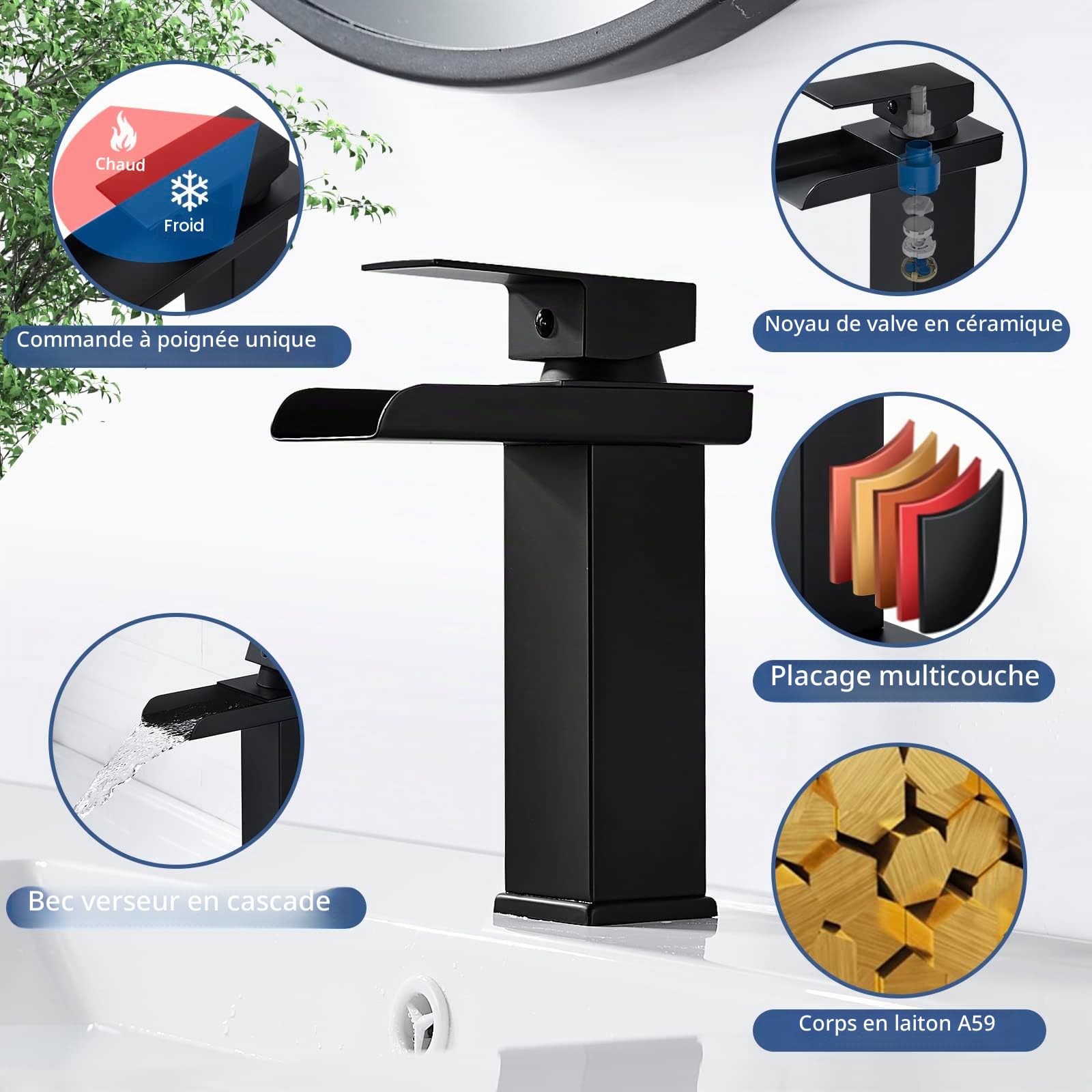 Robinet Salle de Bain Cascade Noir, Mitigeur Lavabo Cascade, Robinet Lavabo avec Bec Hauteur 140mm, Mitigeur Salle de Bain en Laiton, Robinetterie Eau Chaude et Froide Disponible, G 3/8