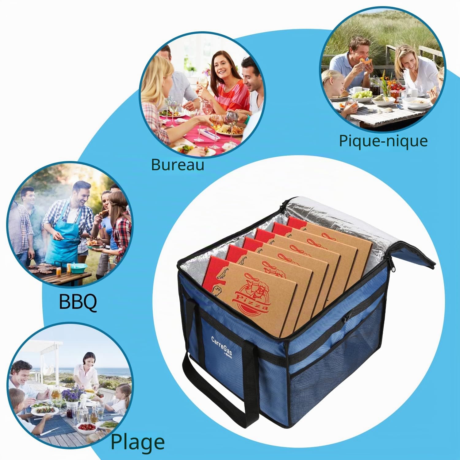 Grand sac de livraison de nourriture chaude isotherme de qualité supérieure 53 x 30 x 28 cm pour aliments froids et chauds, pizzas, restaurants, sac de livraison Uber Eats, pique-nique, sac