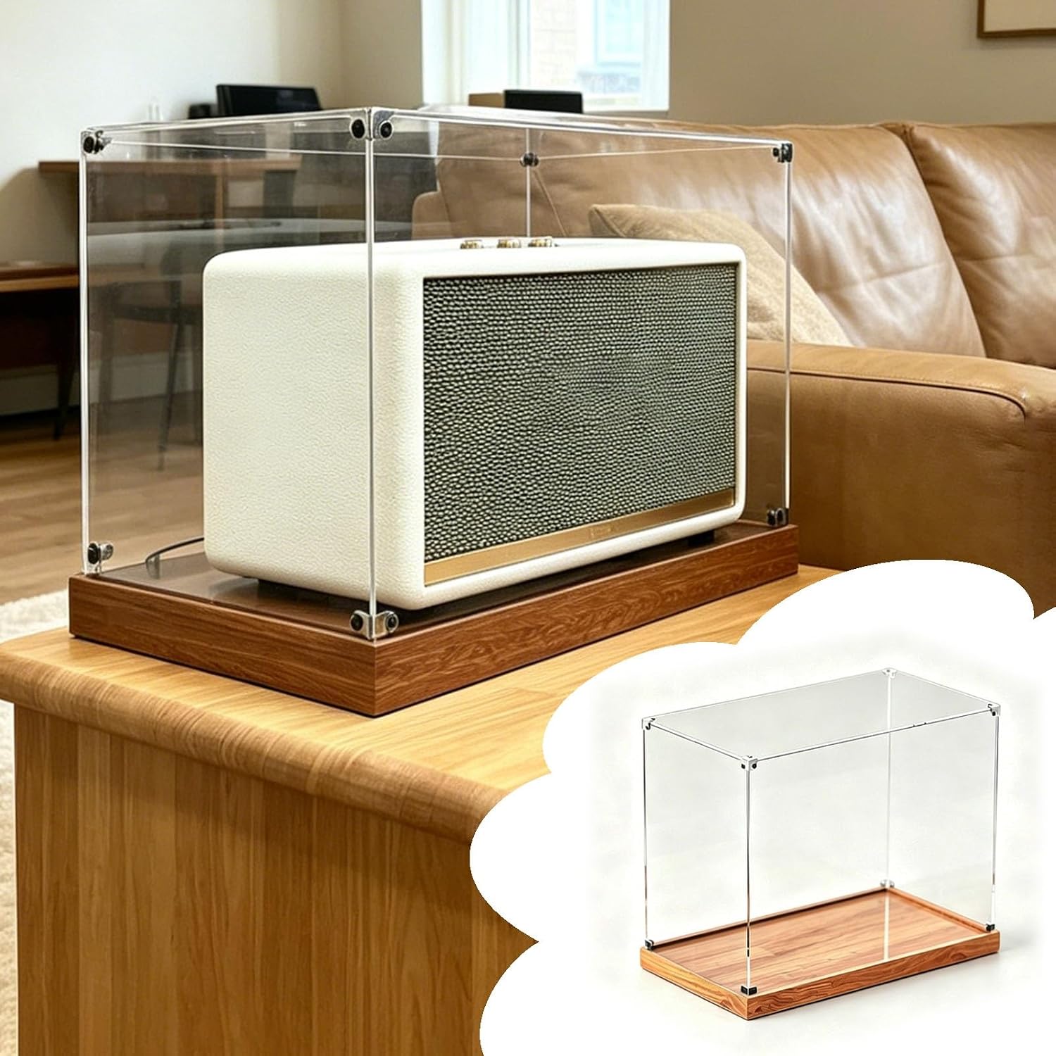 Wooden Base Acrylic Display Box Less Dusting, Long Storage Bin for Action Figures Craft Trophy, Clear Organizer Box with Metal Triangular Connection(75x70xH40cm/30x28x16in)