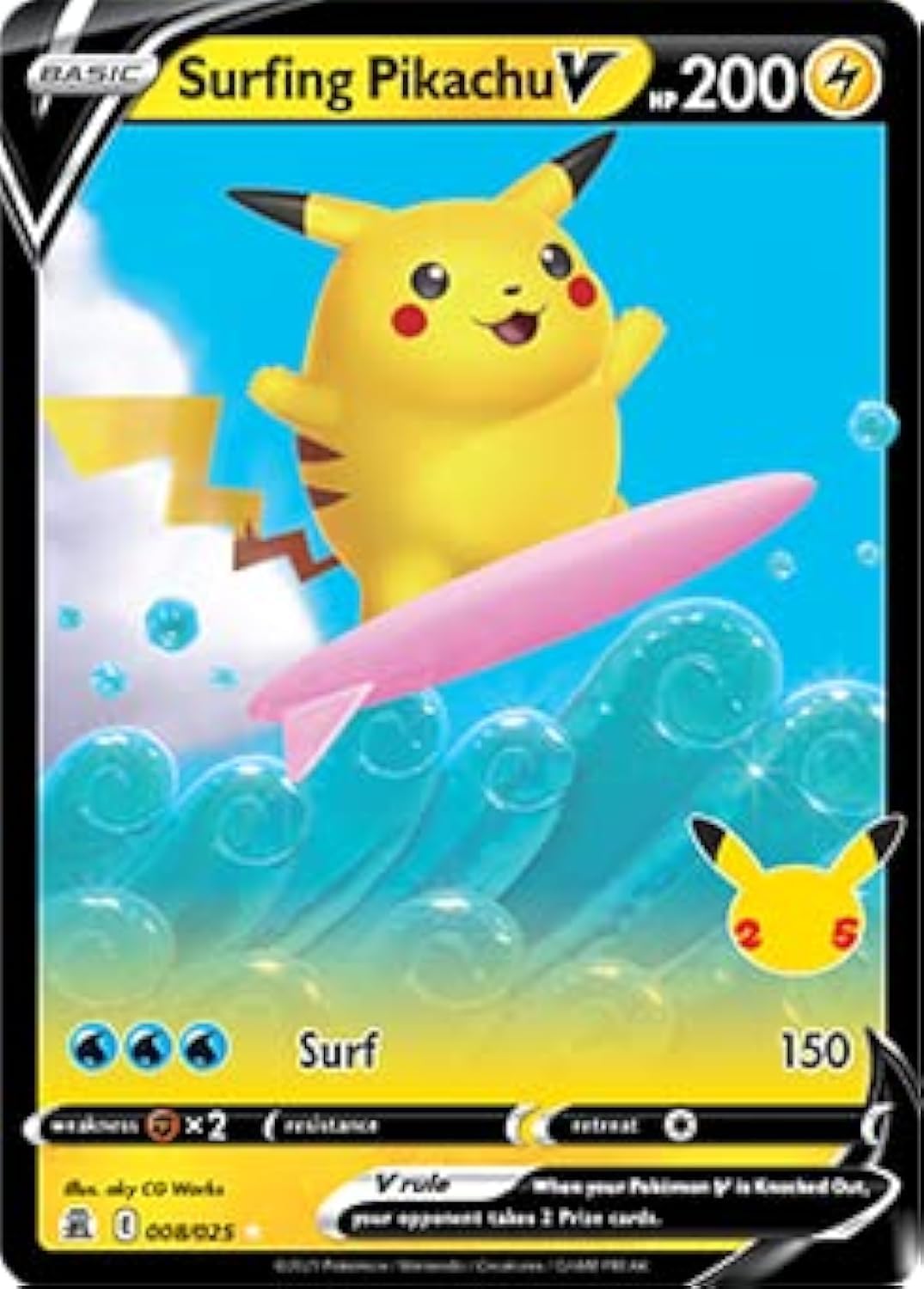 Pokemon Pok mon Celebrations Surfing Pikachu V, 25th Anniversary Full Art Rare Holo + Surprise Card!