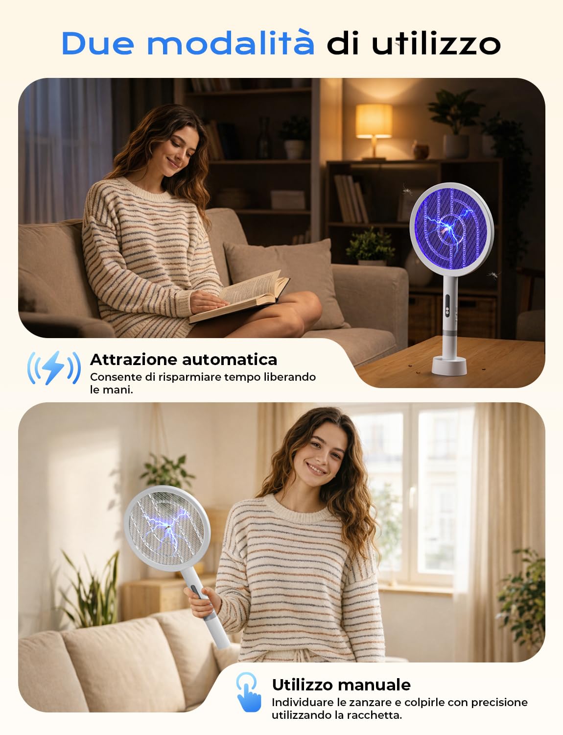 YISSVIC Racchetta Zanzare Elettrica, Racchetta Anti Insetti, 1800mah, Paletta Potente 4000V, Base Ricaricabile, Ricarica USB-C Contro Zanzare, Falene Volanti, Bianco