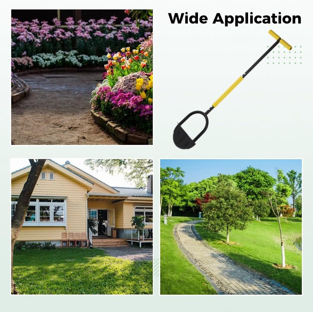 Long Handle Manual Lawn Edger with Half-Moon Saw Tooth Blade, Carbon Steel Step Design & Latex Gloves, Edge Borders for Gardens Walkways Beds